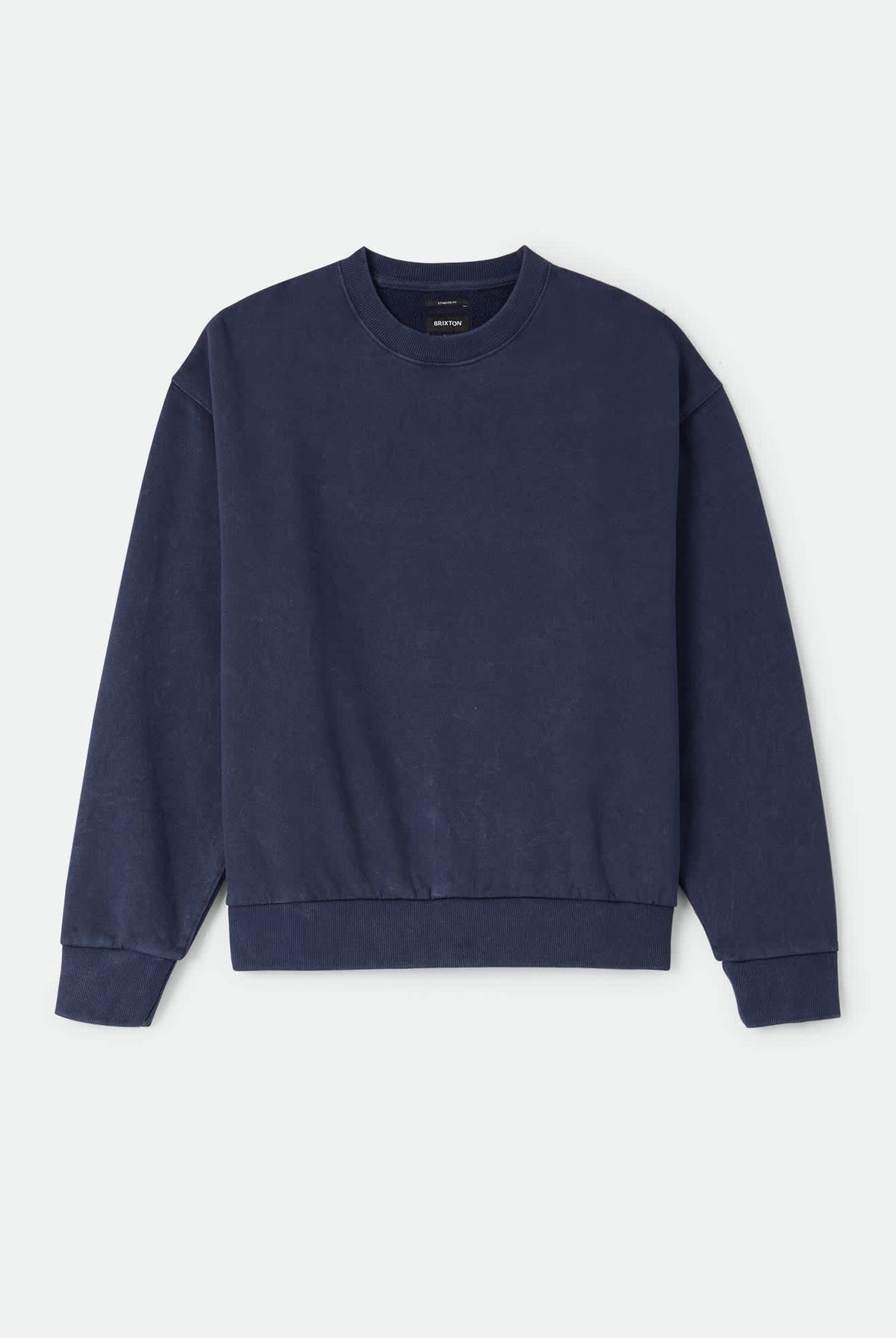 Men's Brixton Baseline Crew Fleece in the color Washed Navy Vintage Wash - Front Product Laydown Image