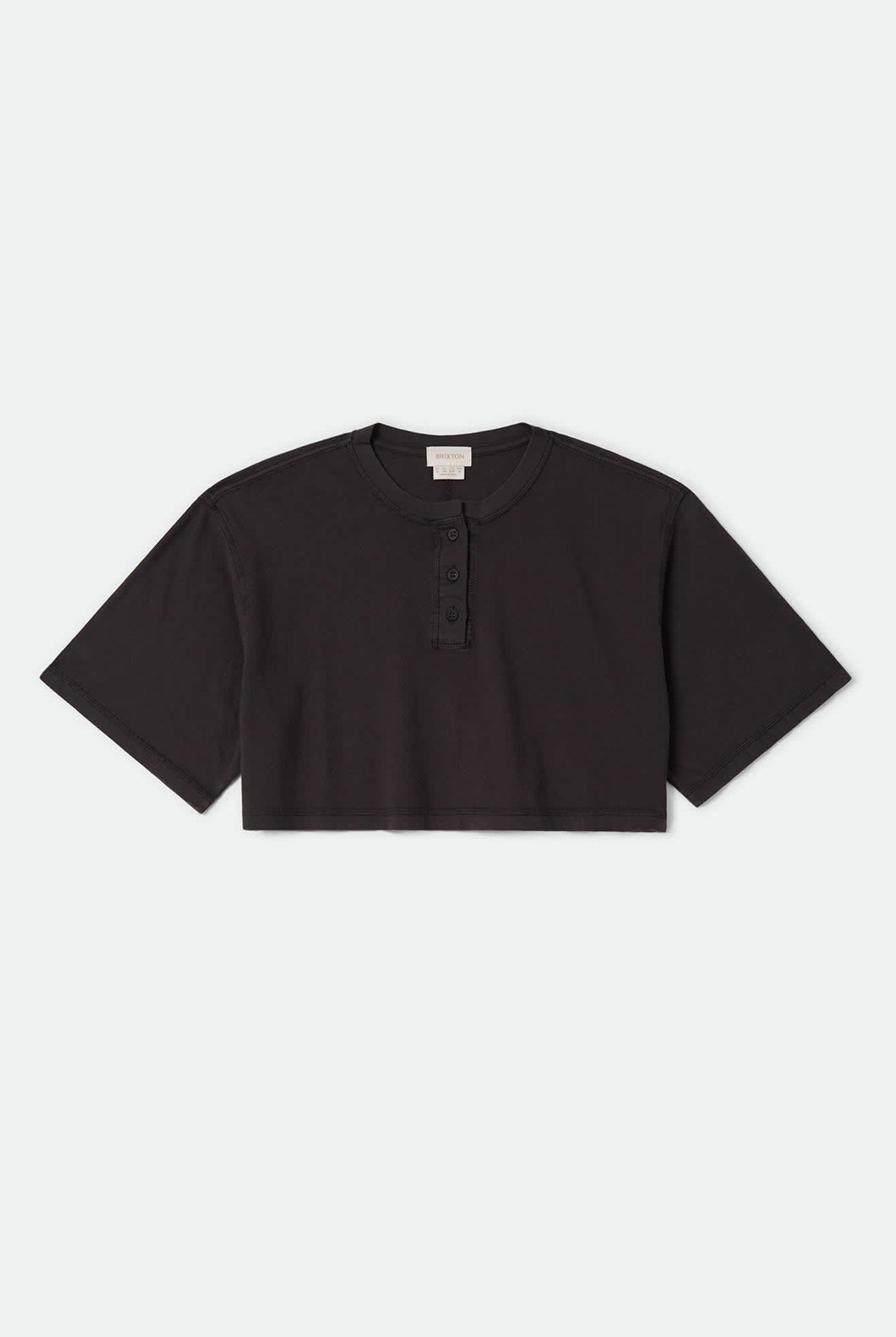 Women's Carefree Organic Garment Dye Cropped Henley in the color Black - Front Product Laydown Image