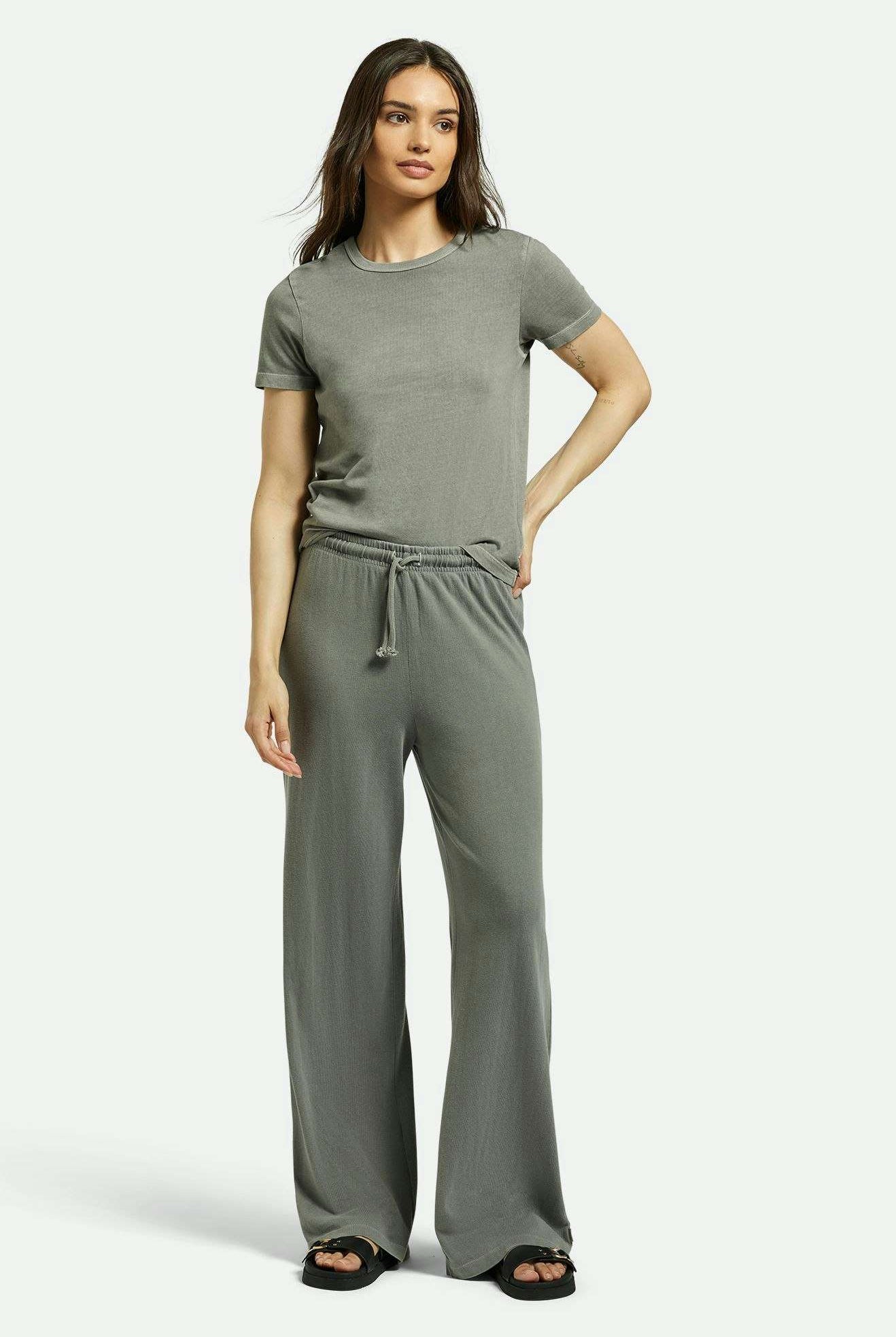 Brixton Women's Carefree Organic Garment Dye Lounge Pant - Washed Black | Front fit