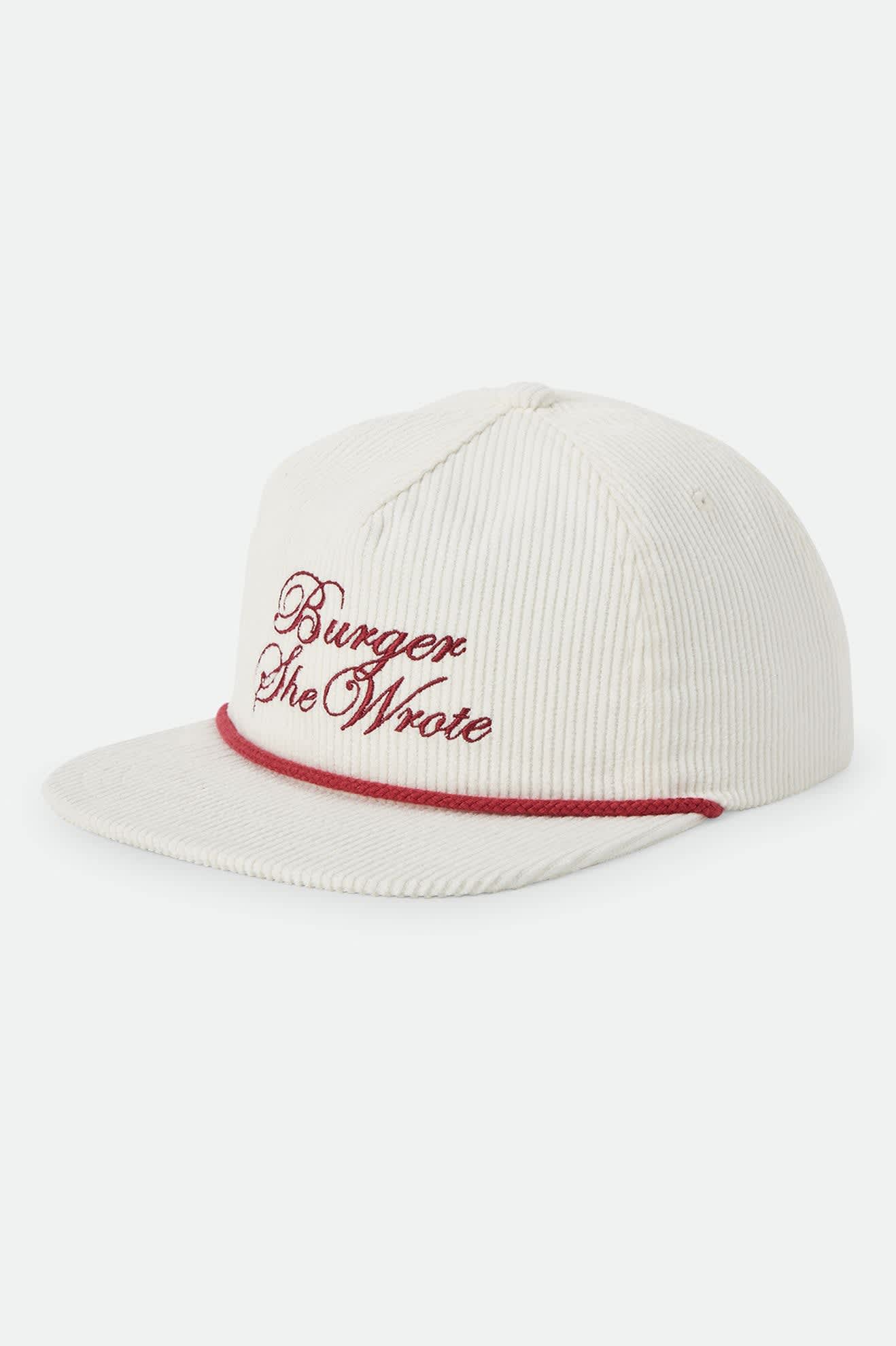Unisex Burger She Wrote Snapback in the color Natural - Front Product Laydown Image