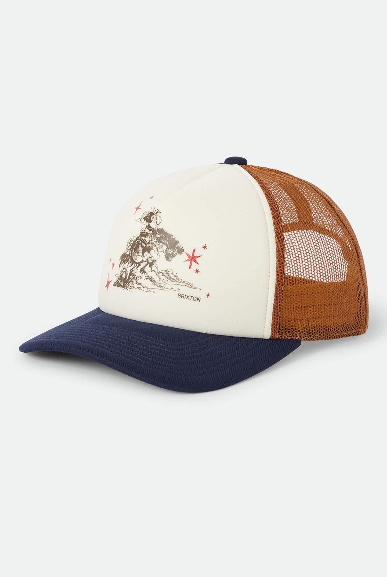 Unisex Mid Century Ranch Trucker Hat in the color Off White/Washed Navy/Caramel - Front Product Laydown Image