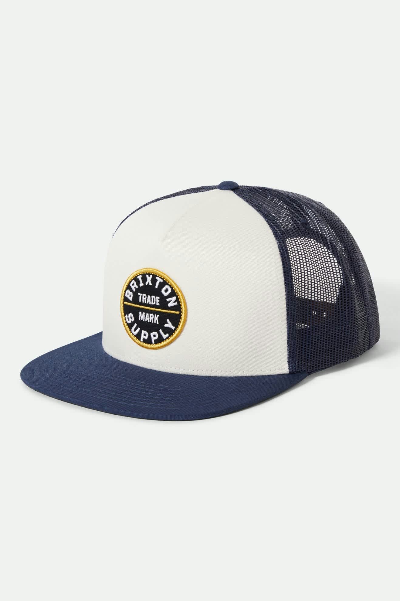 Unisex Oath Trucker Hat in the color Mood Indigo/Off White/Mood Indigo - Front Product View