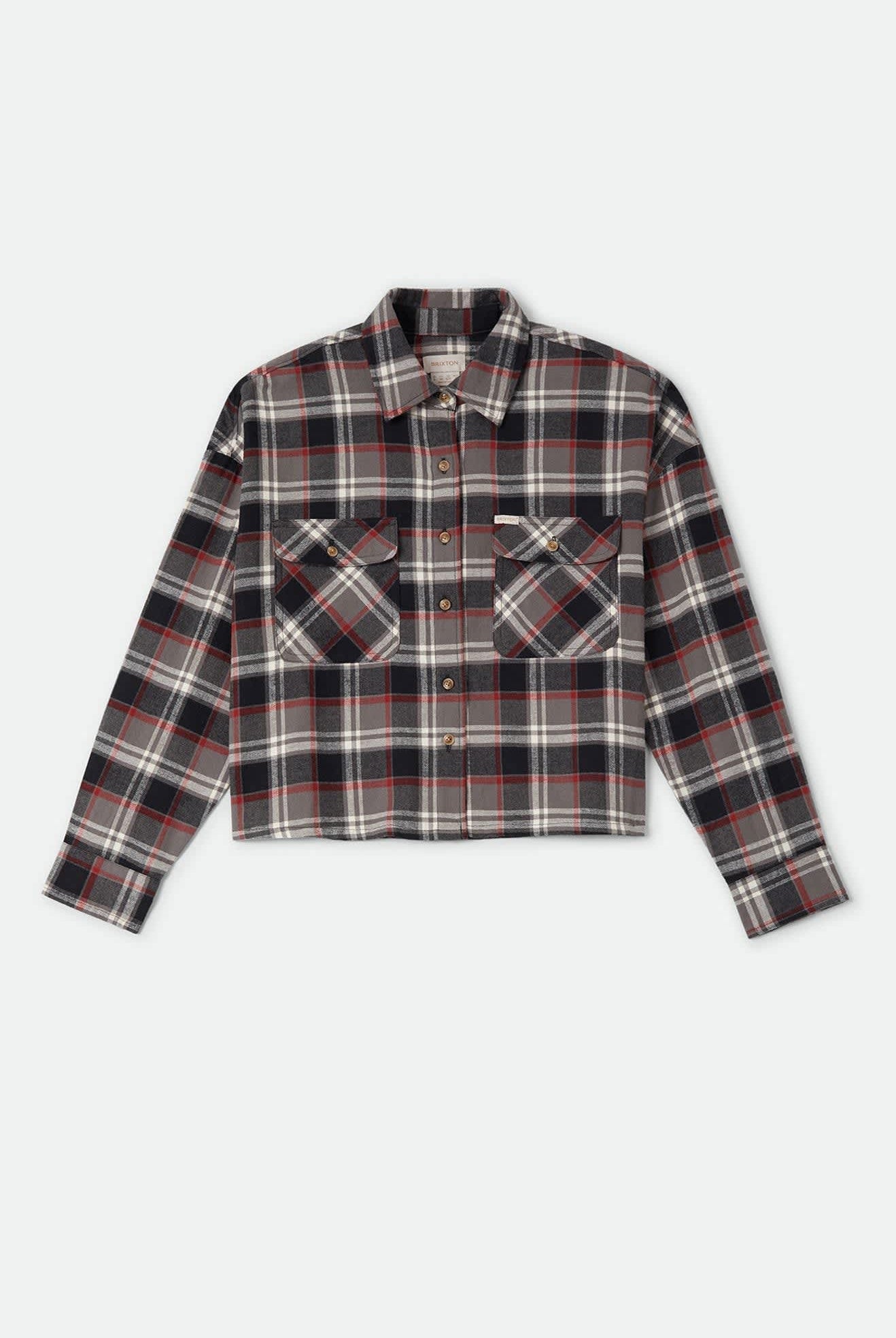 Women's Bowery Crop Women's Overshirt in the color Washed Black Plaid - Front Product Laydown Image