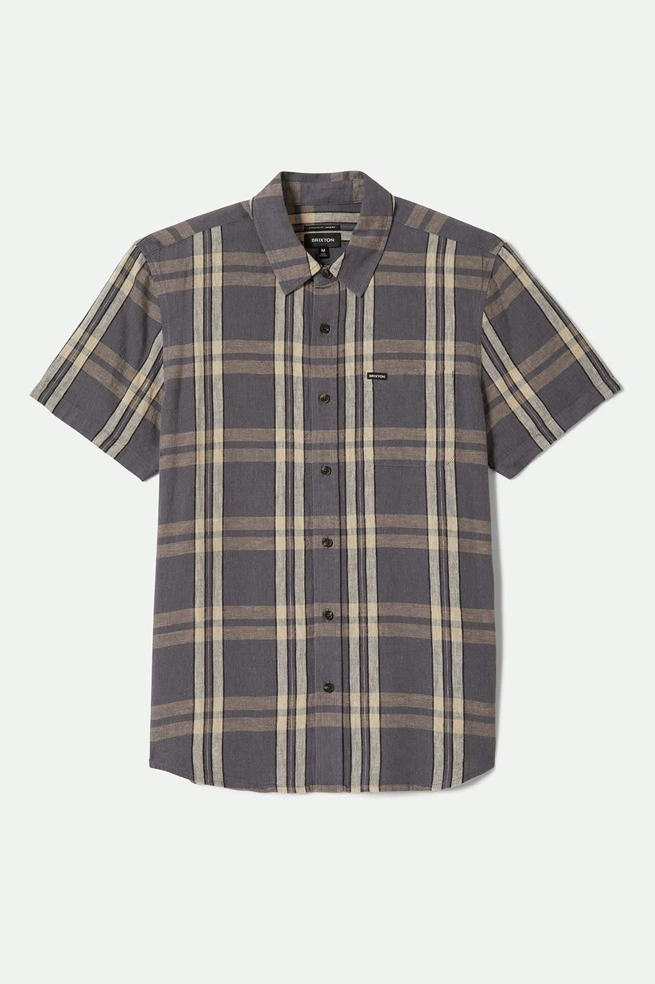 Men's Charter Linen Blend S/S Shirt in the color Charcoal/Beige Plaid - Front Product View