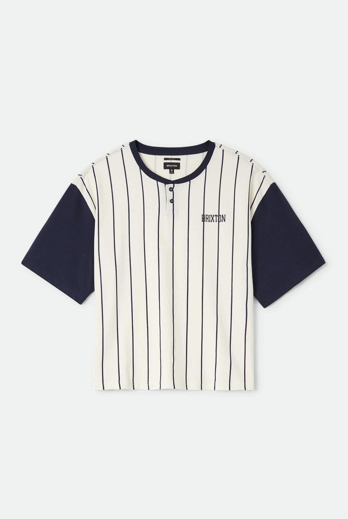 Men's Boxy Baseball T-Shirt in the color Off White Stripe/Washed Navy - Front Product Laydown Image
