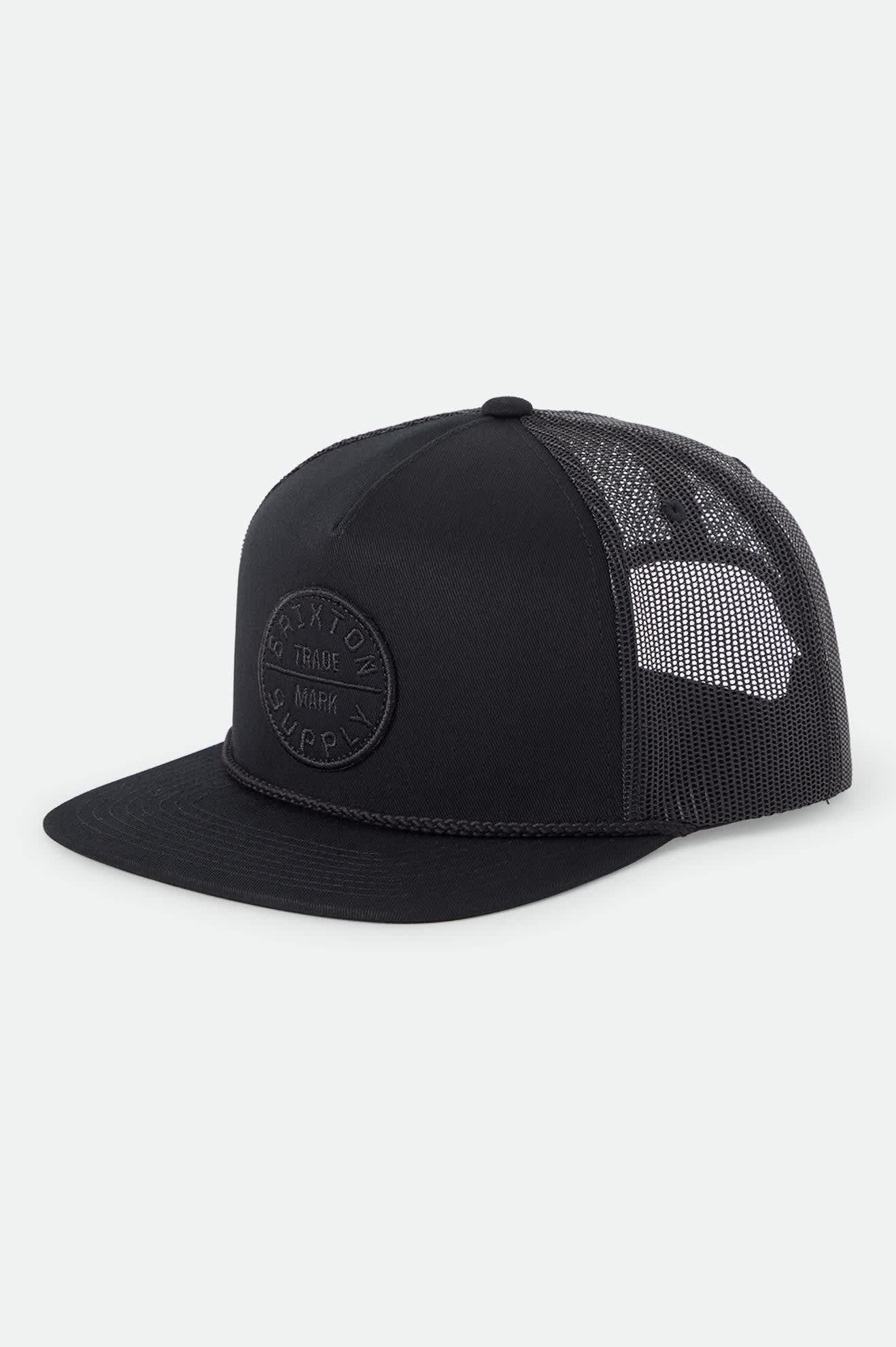 Unisex Oath Trucker Hat in the color Black/Black/Black - Front Product Laydown Image