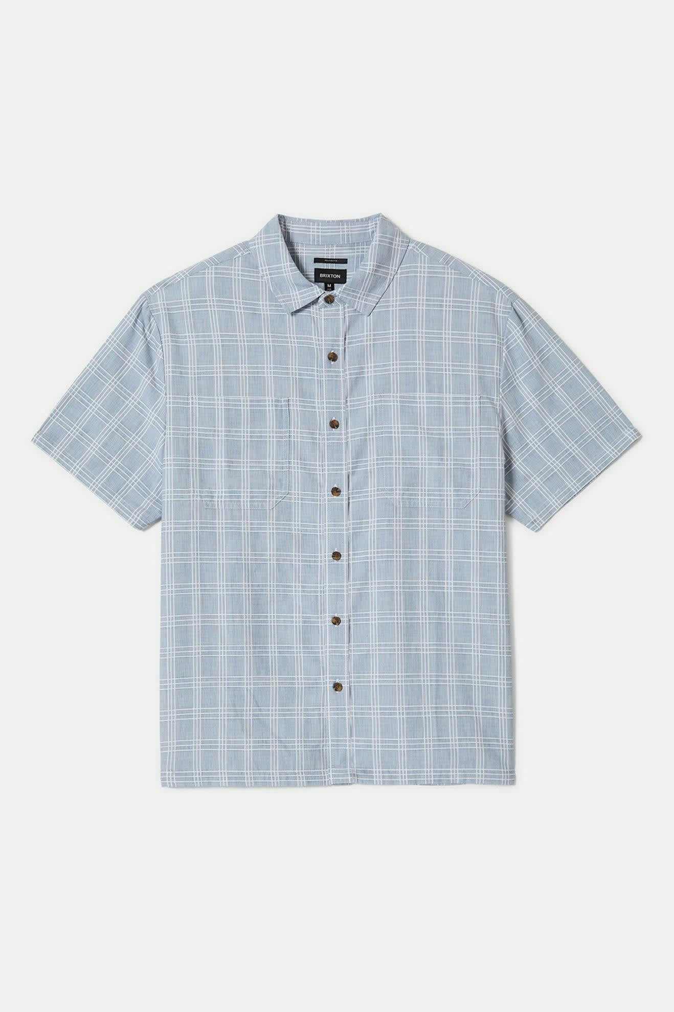 Men's CRU Oxford Plaid Relaxed S/S Shirt in the color Light Blue/White Plaid - Front Product View