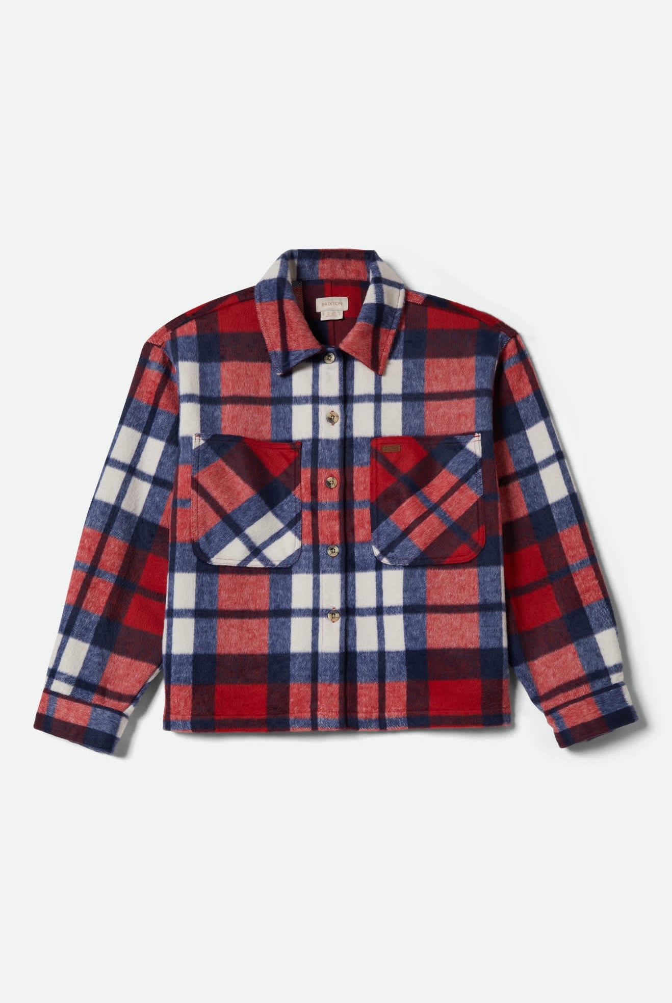 Women's Bowery Women's Soft Brushed Flannel in the color Adrenaline Rush/Navy - Front Product Laydown Image
