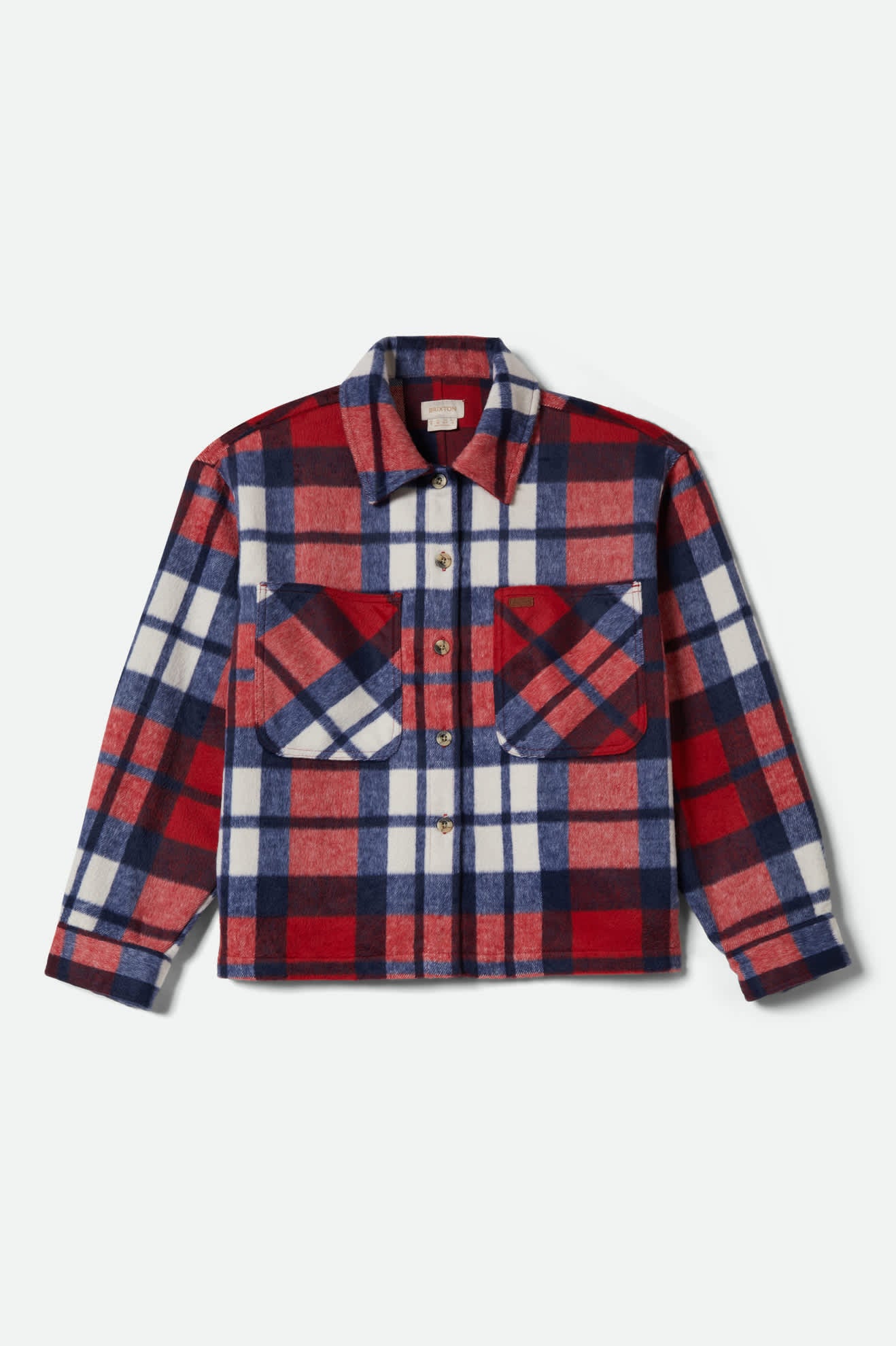 Women's Bowery Women's Soft Brushed Flannel in the color Adrenaline Rush/Navy - Front Product Laydown Image