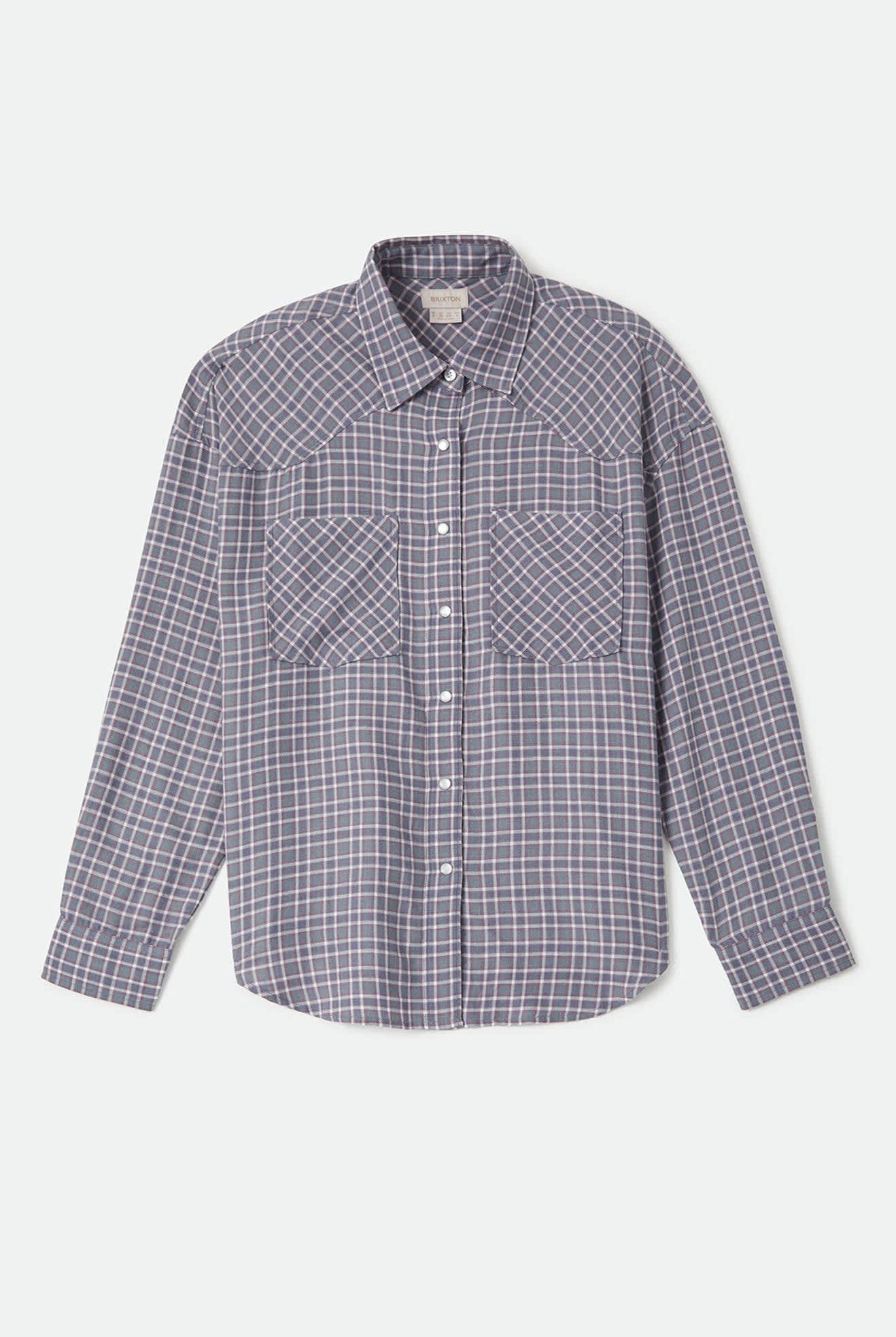 Women's Wayne Women's Shirt in the color Soft Navy Plaid - Front Product Laydown Image