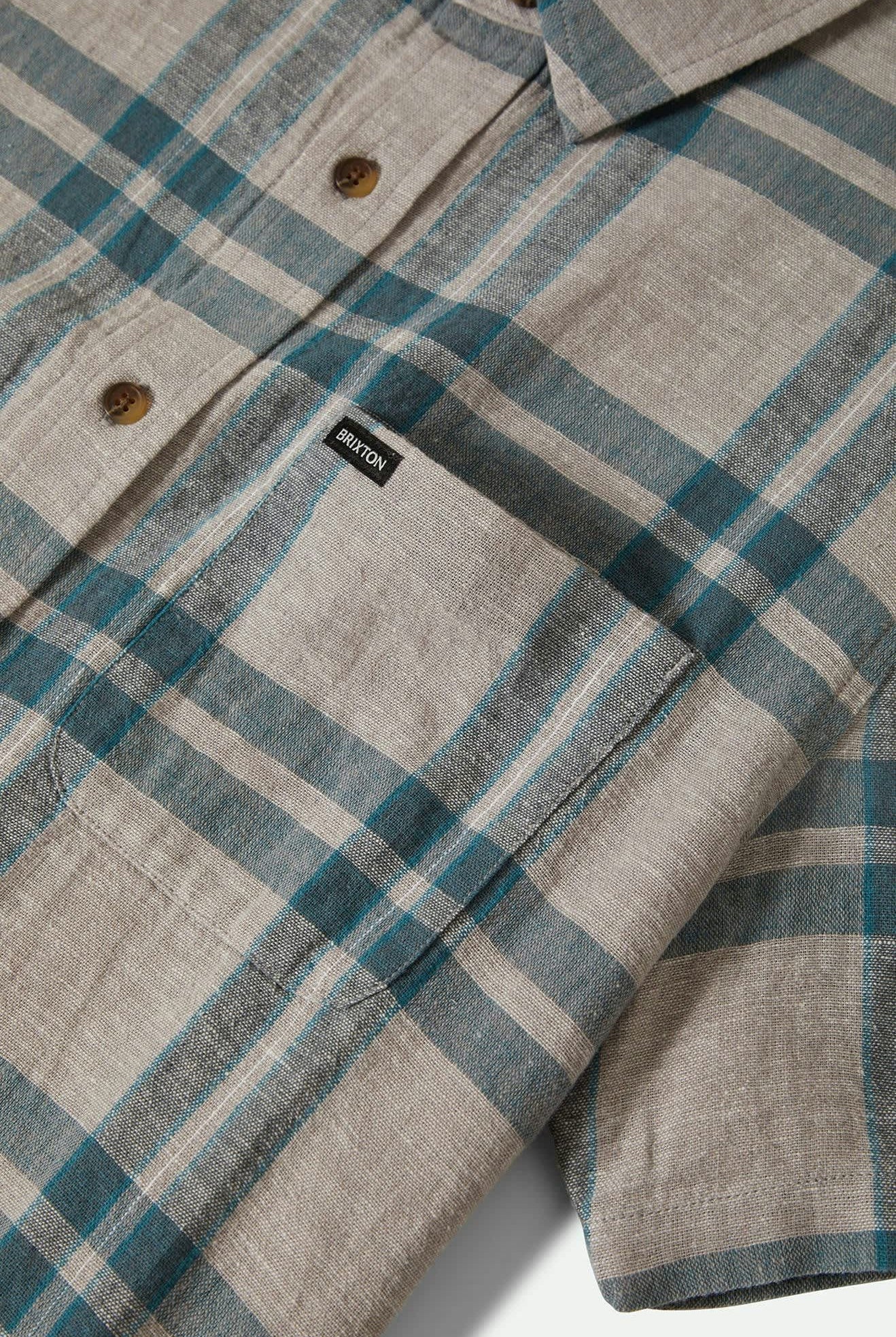 Men's Charter Linen Blend S/S Shirt in the color Beige/Azure Blue Plaid - Additional Laydown image
