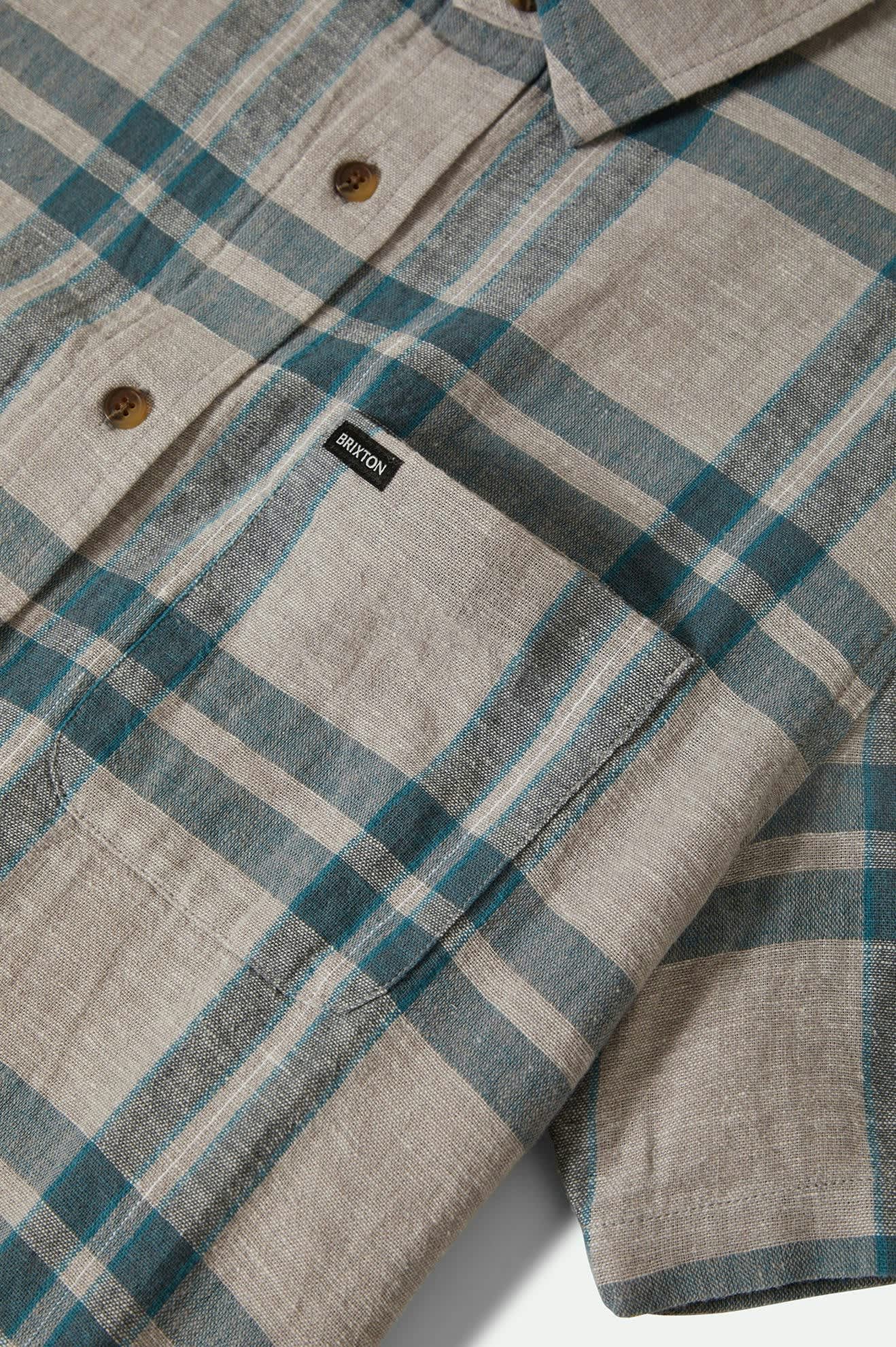 Men's Charter Linen Blend S/S Shirt in the color Beige/Azure Blue Plaid - Additional Laydown image