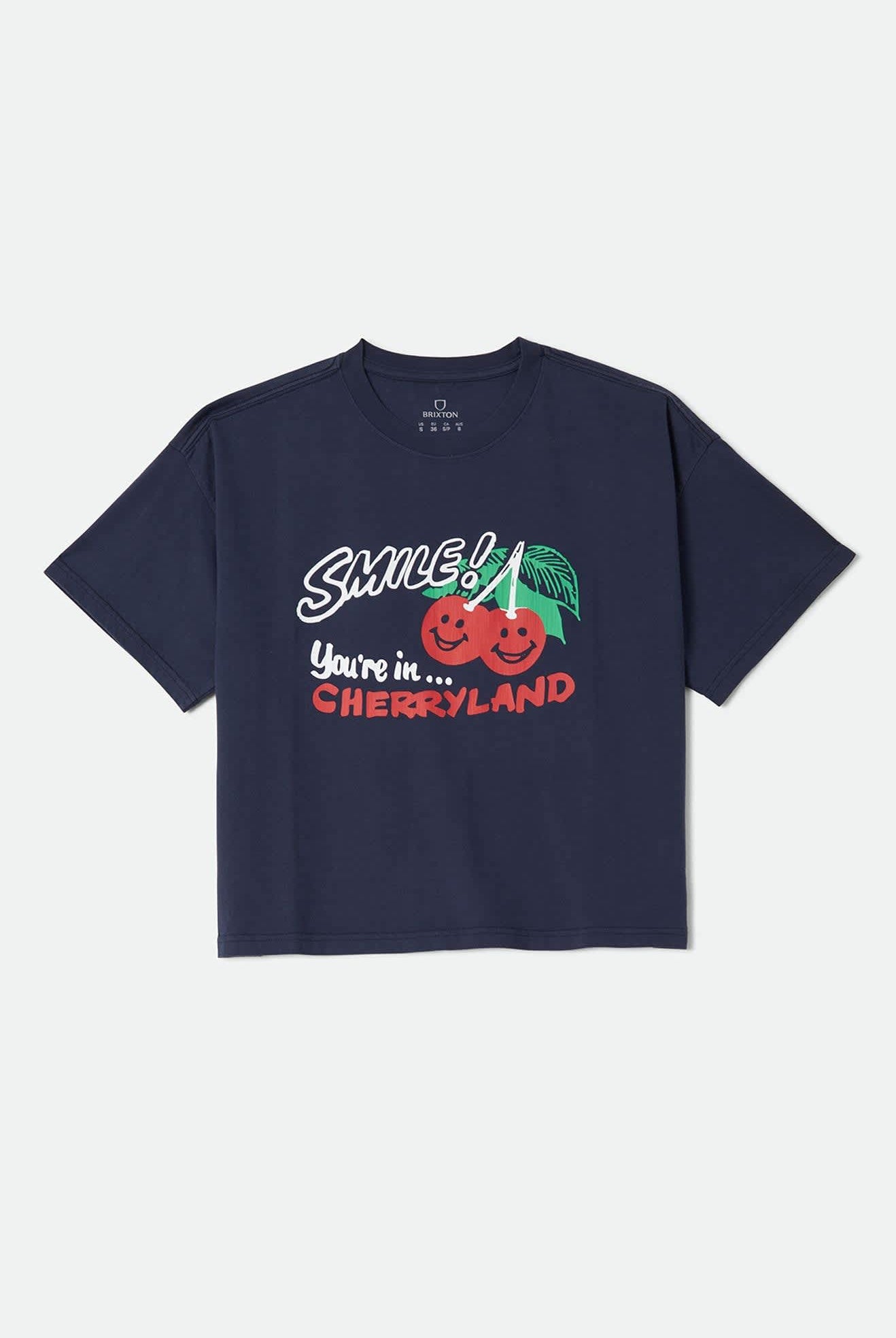 Women's Cherryland Boxy Cropped Crew in the color Washed Navy - Front Product Laydown Image