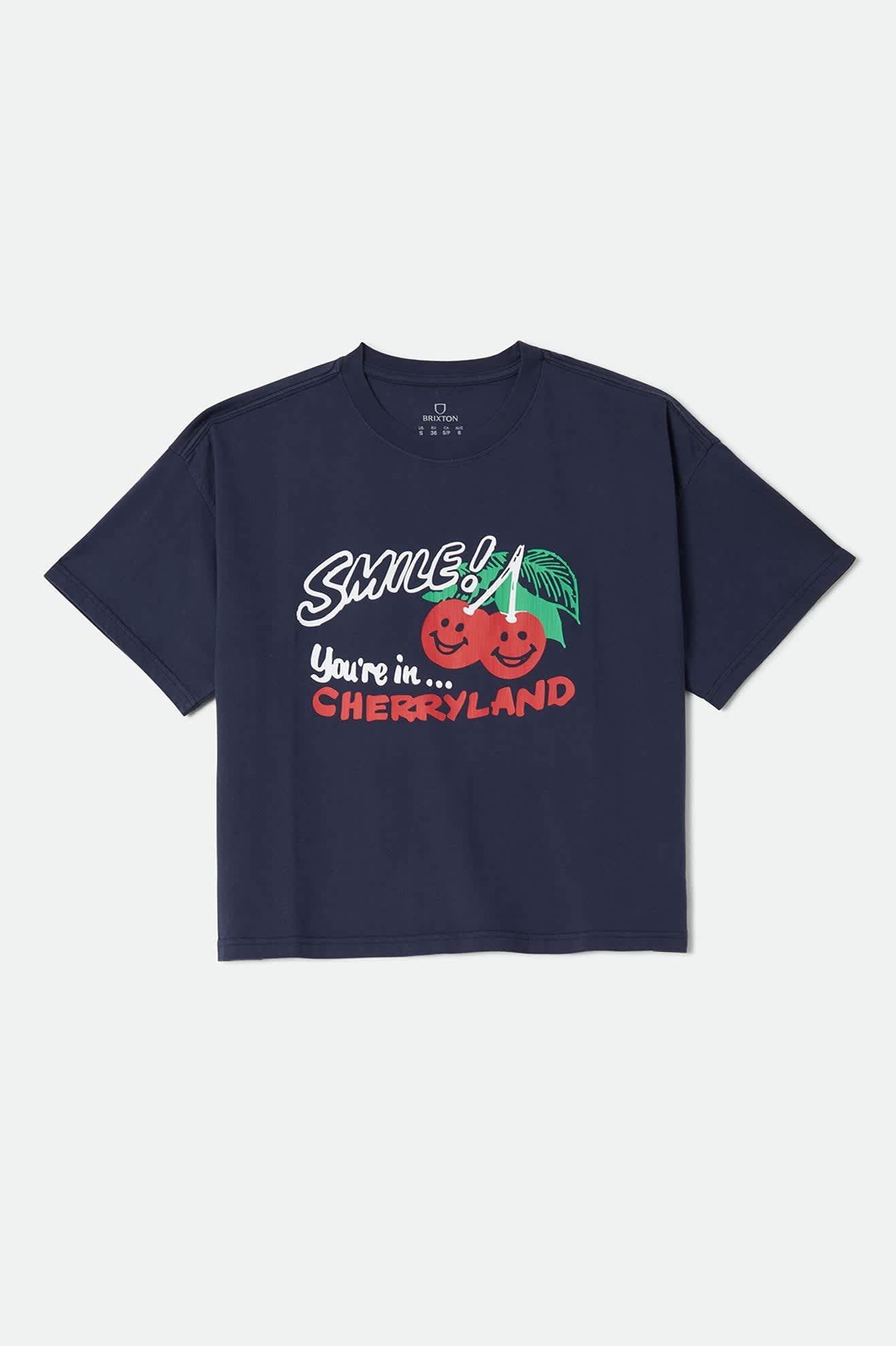 Women's Cherryland Boxy Cropped Crew in the color Washed Navy - Front Product Laydown Image