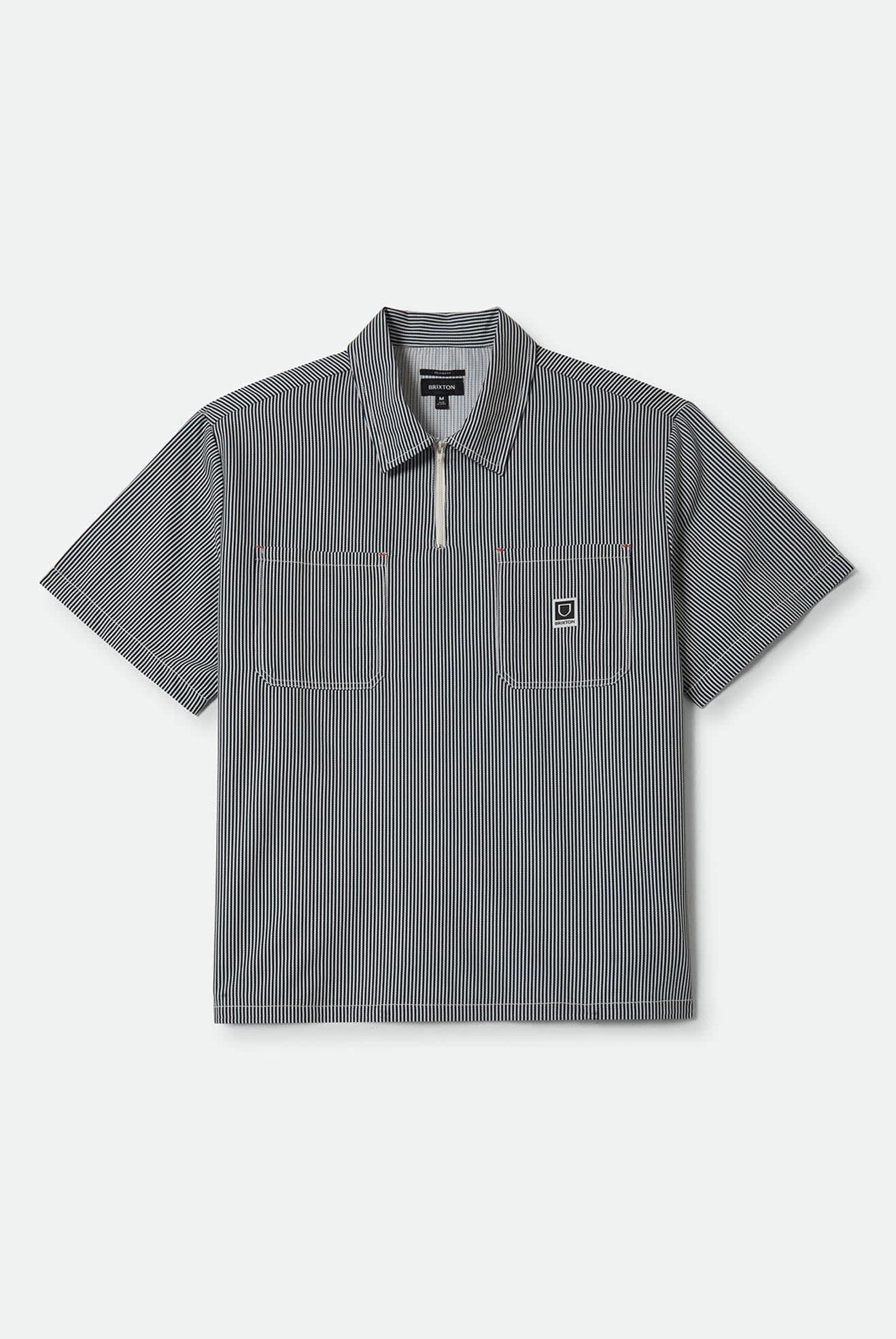 Men's Journey Lightweight 1/2 Zip Cropped Short Sleeve Shirt in the color Navy/White Stripe - Front Product View