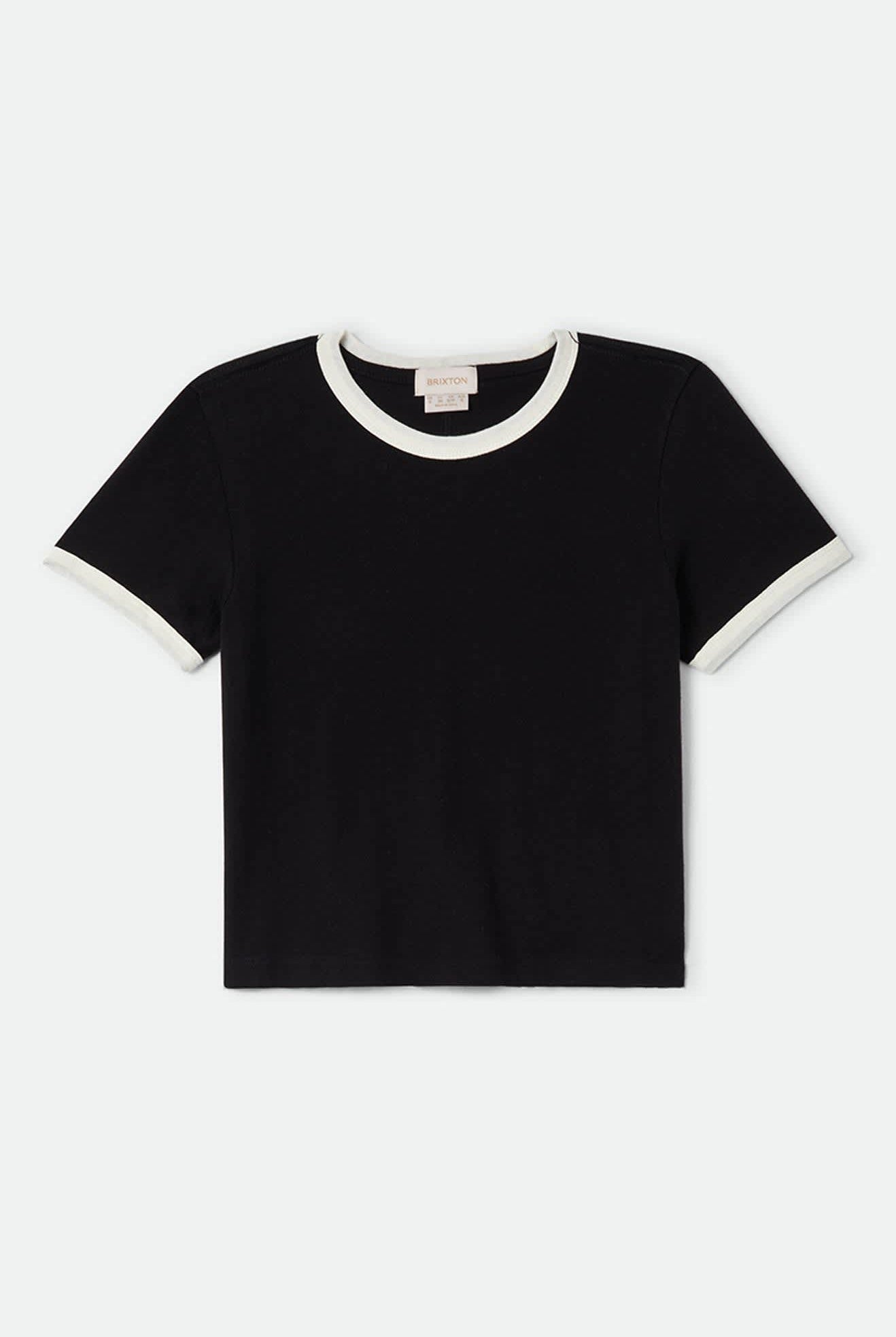 Women's Carefree Organic Garment Dye Ringer T-Shirt in the color Black/Off White - Front Product Laydown Image