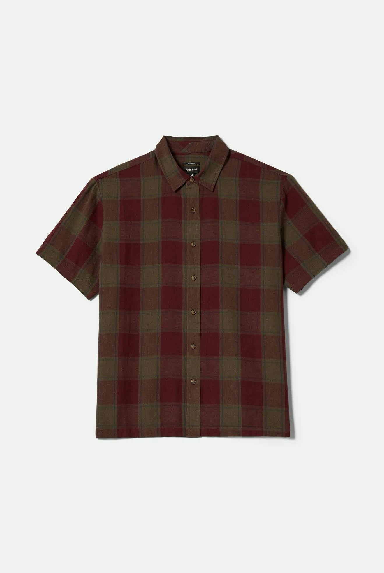Men's Cru Linen Blend S/S Shirt in the color Olive Surplus/Port - Front Product View