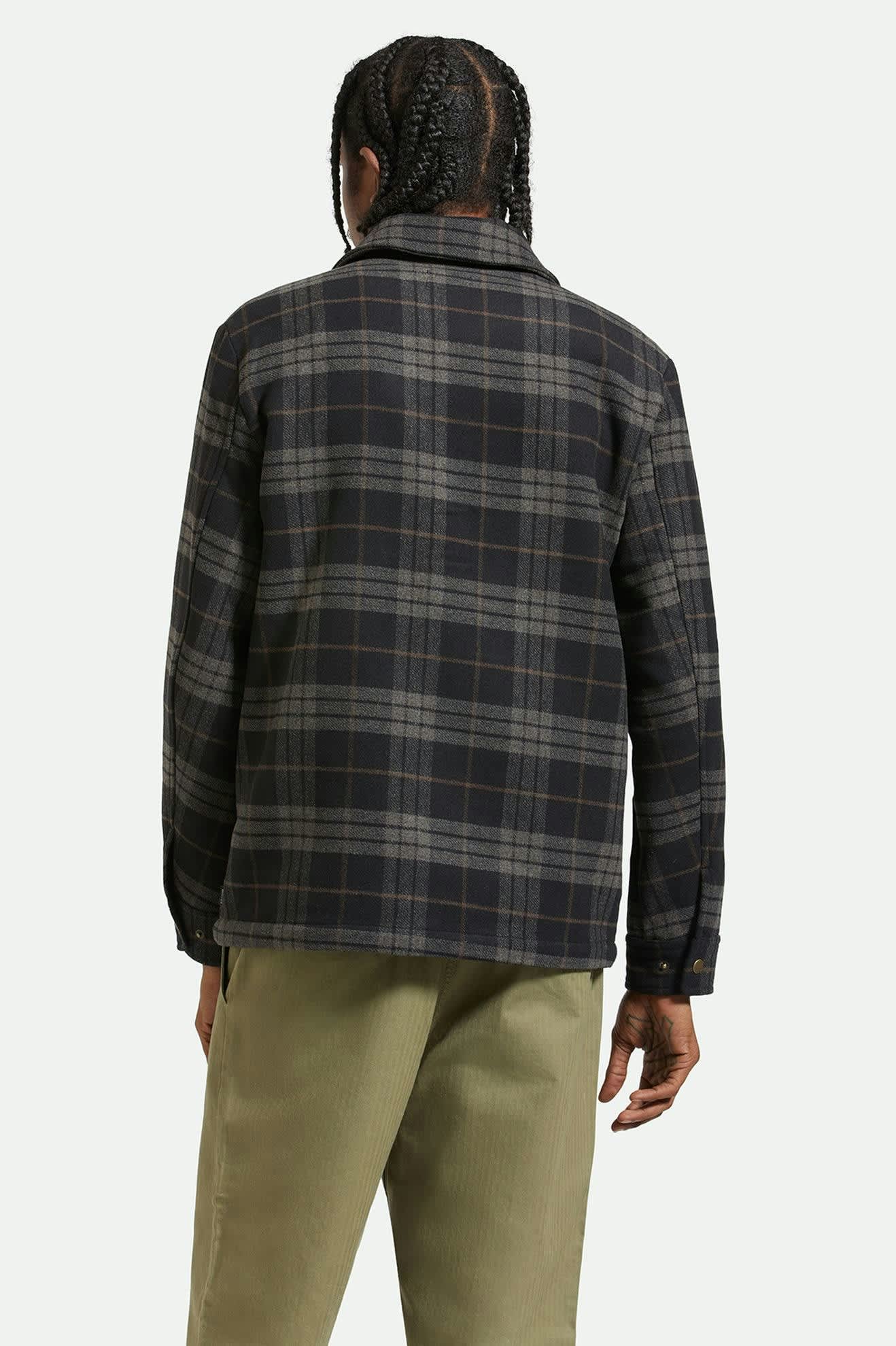 Men's Shop Menswear Chore Coat in the color Black/Charcoal Plaid - Men's Back View