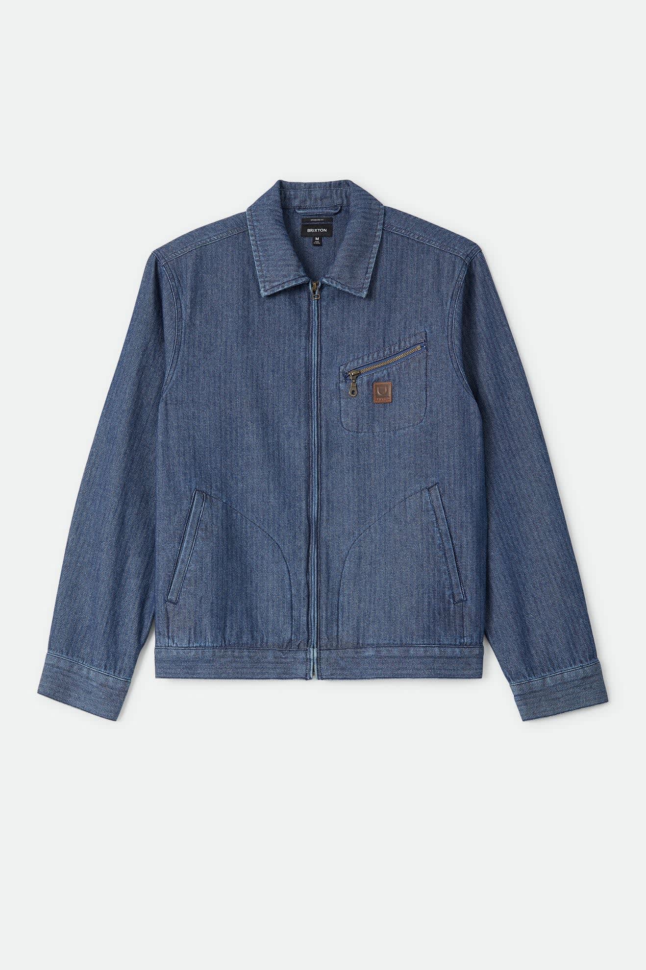 Men's Mechanic Garage Zip Jacket in the color Indigo Herringbone - Front Product Laydown Image