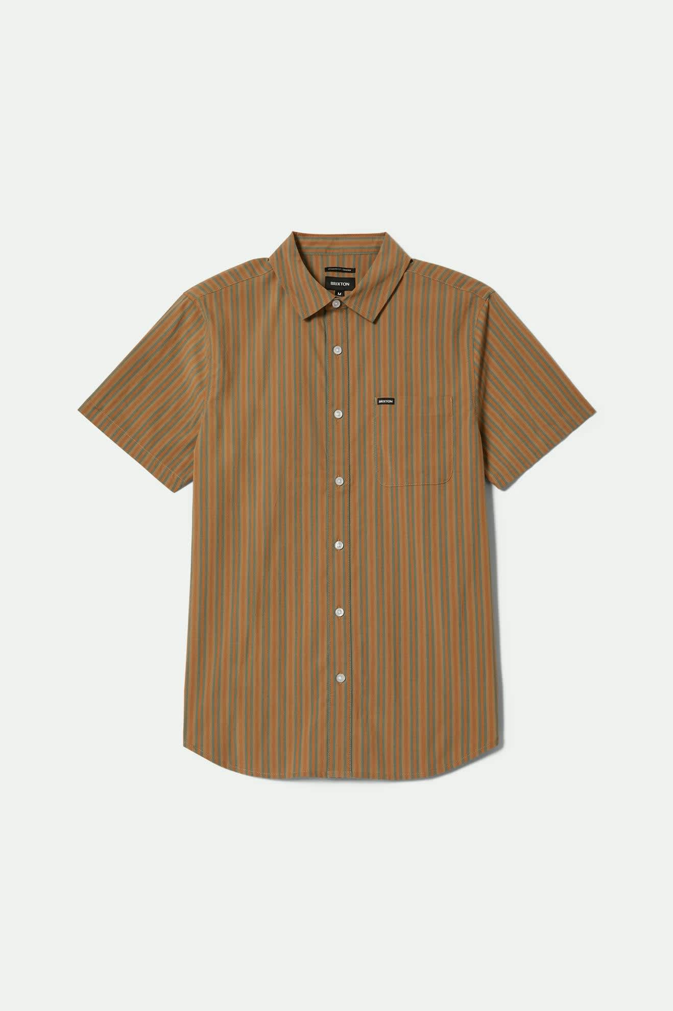 Men's Charter Stripe S/S Shirt in the color Rustic Caramel/Night Sage - Front Product View