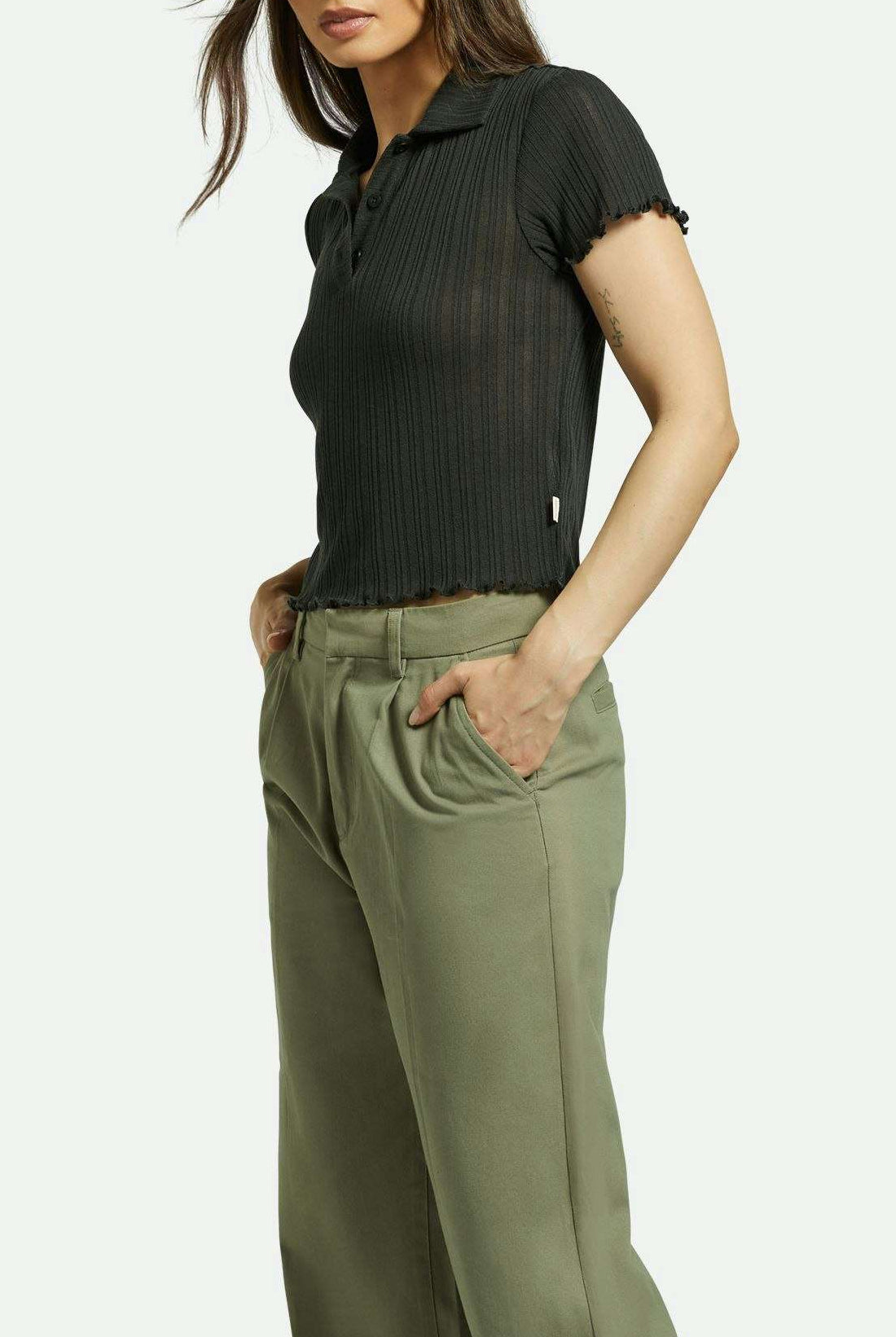 Brixton Women's Novelty Ribbed S/S Polo - Washed Black | Front fit