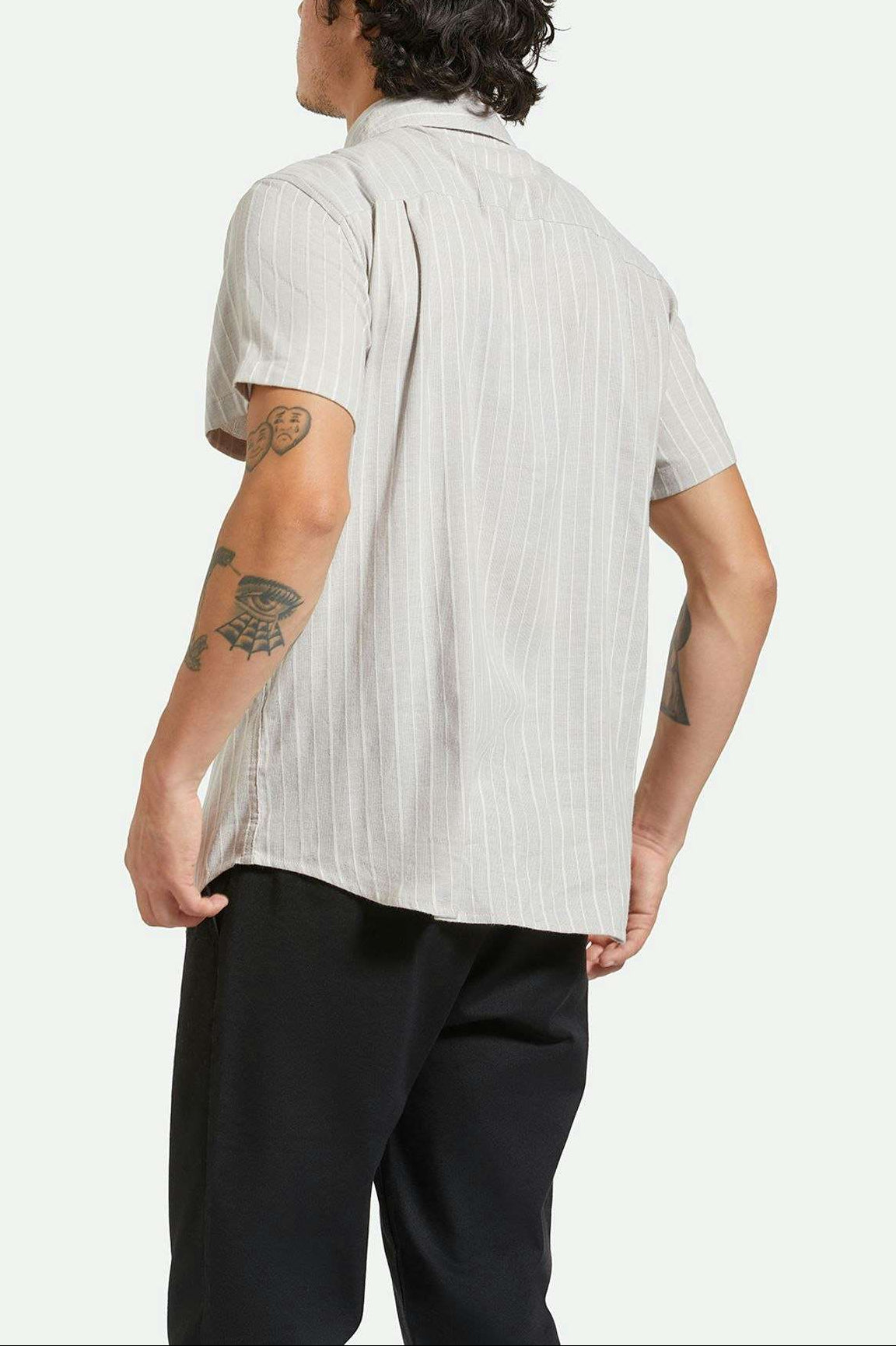 Back Fit Image | Charter Stripe S/S Woven Shirt - Off White/Cinder Grey