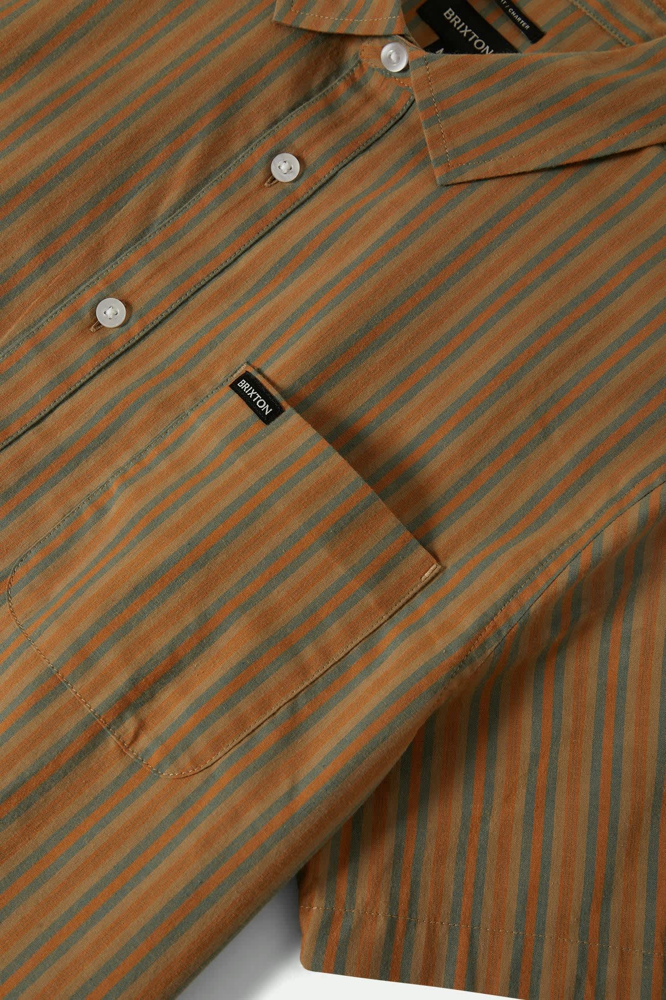 Men's Charter Stripe S/S Shirt in the color Rustic Caramel/Night Sage - Additional Laydown image