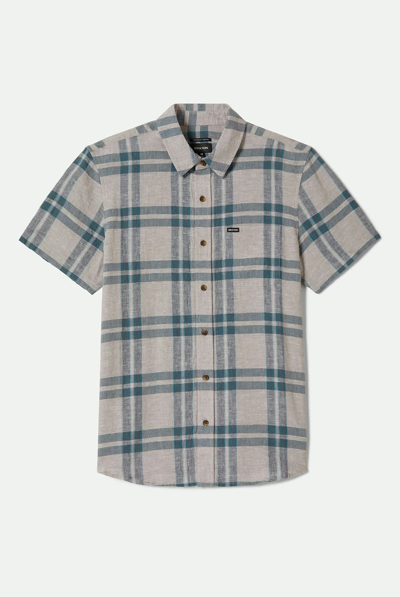 Men's Charter Linen Blend S/S Shirt in the color Beige/Azure Blue Plaid - Front Product View