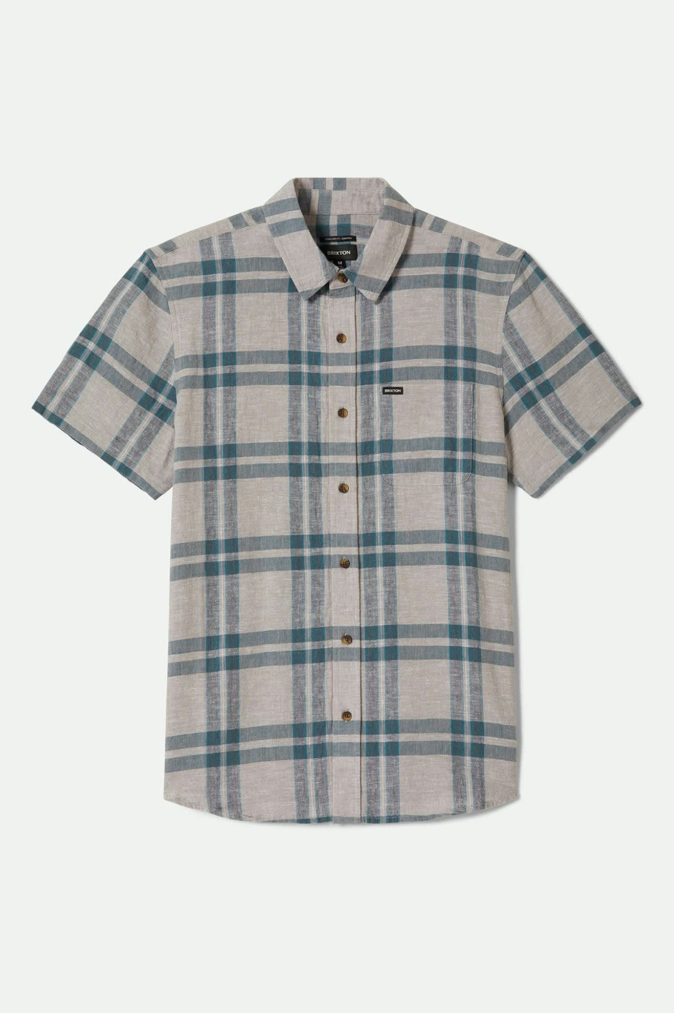 Men's Charter Linen Blend S/S Shirt in the color Beige/Azure Blue Plaid - Front Product View