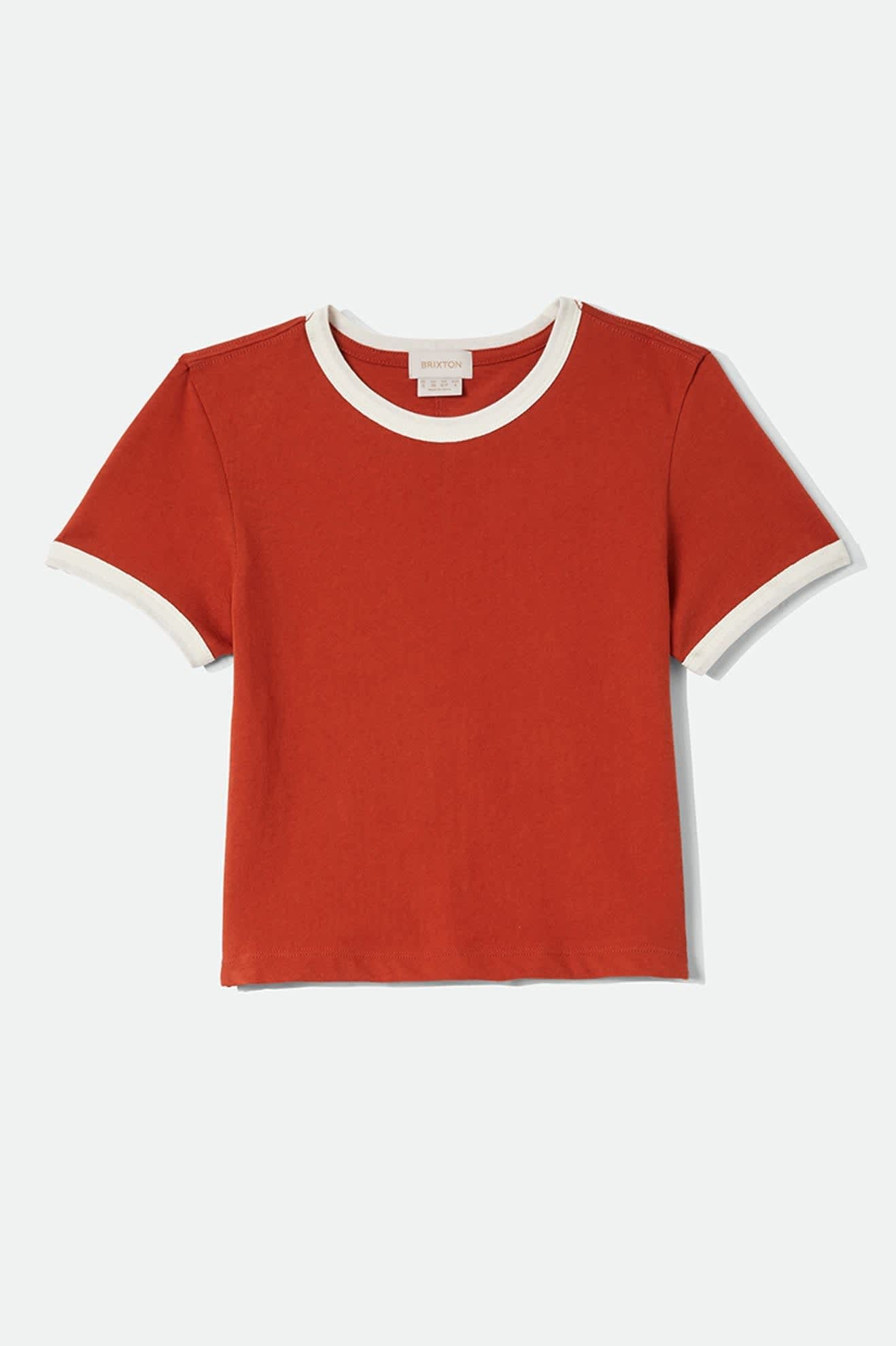 Women's Carefree Organic Garment Dye Ringer T-Shirt in the color Rust/Off White - Front Product Laydown Image