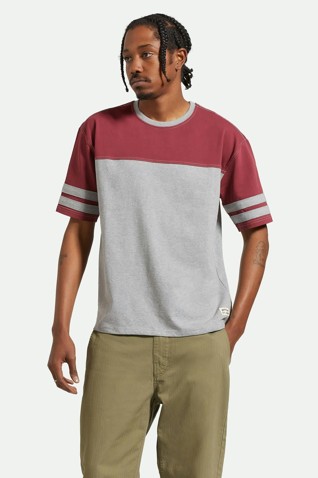 Men's Varsity Heavyweight Football T-Shirt in the color Heather Grey/Cordovan Red - Men's Front View