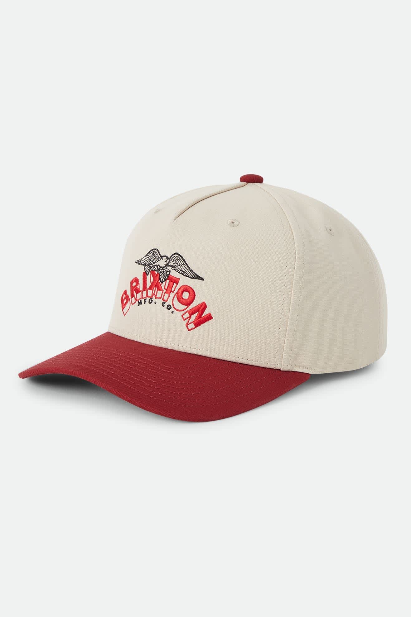 Unisex Brixton Banner Snapback in the color Whitecap/Dark Brick - Front Product Laydown Image