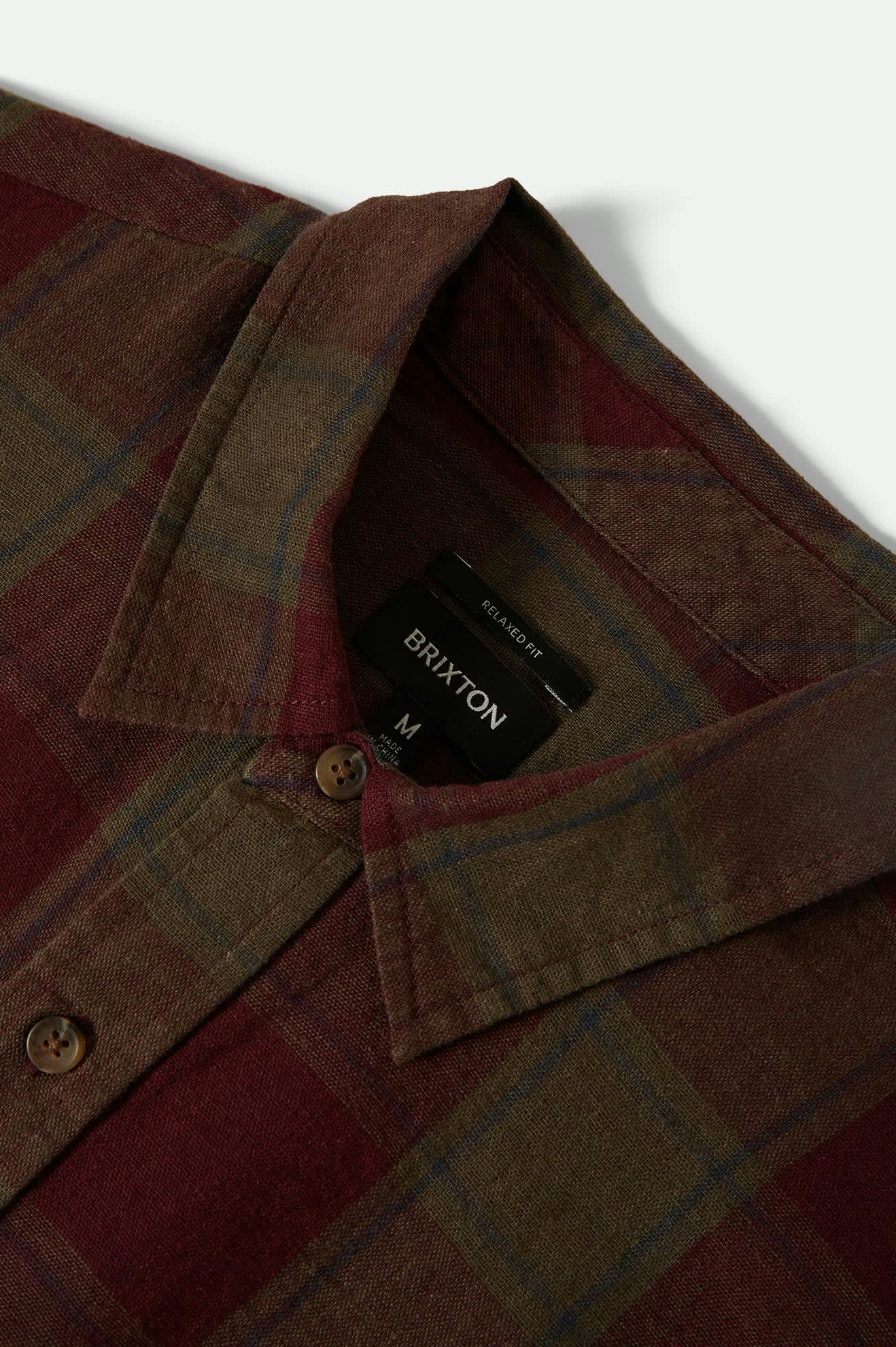 Men's Cru Linen Blend S/S Shirt in the color Olive Surplus/Port - Additional Laydown image