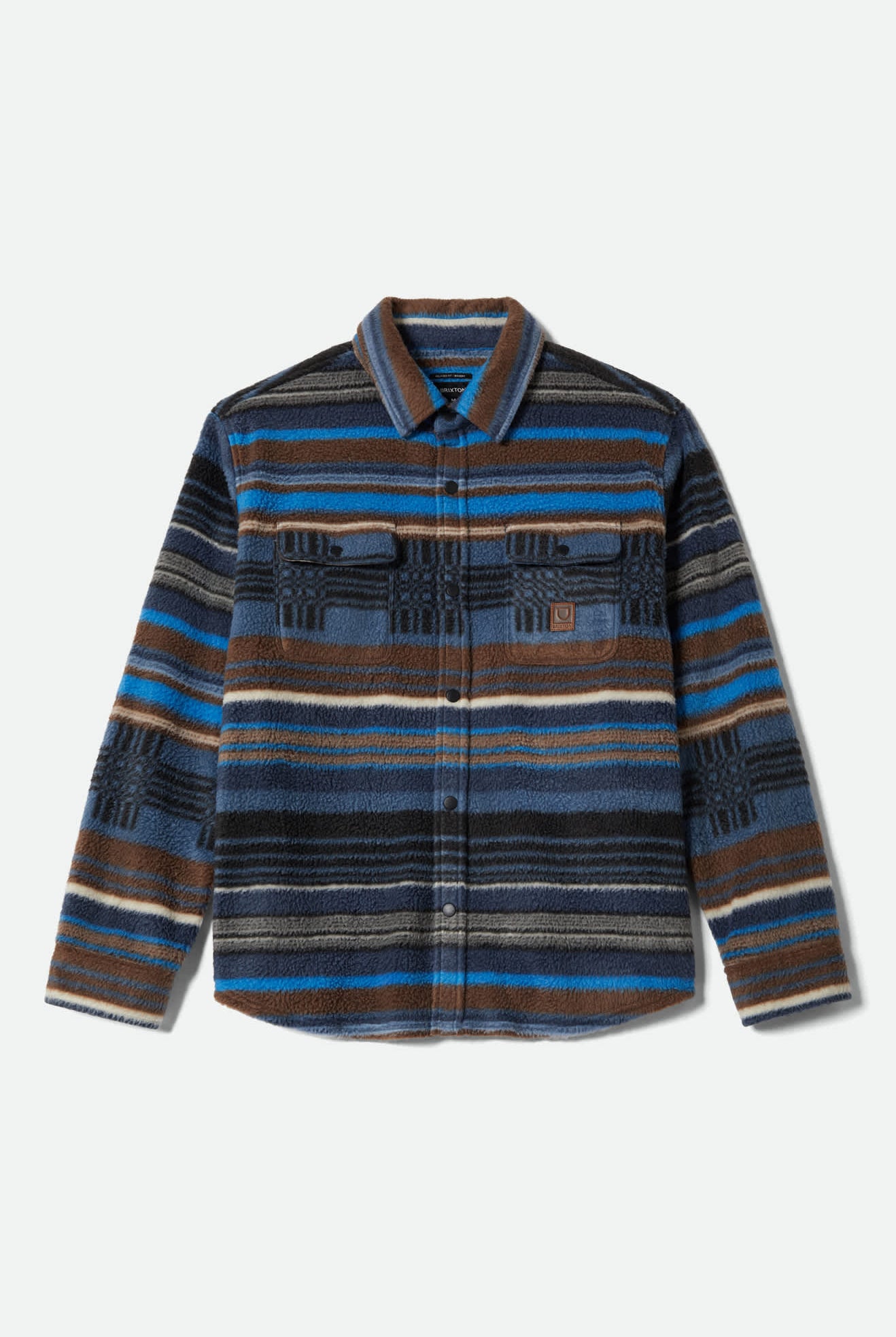 Men's Bowery Arctic Stretch Fleece in the color Mood Indigo Blanket Stripe - Front Product Laydown Image