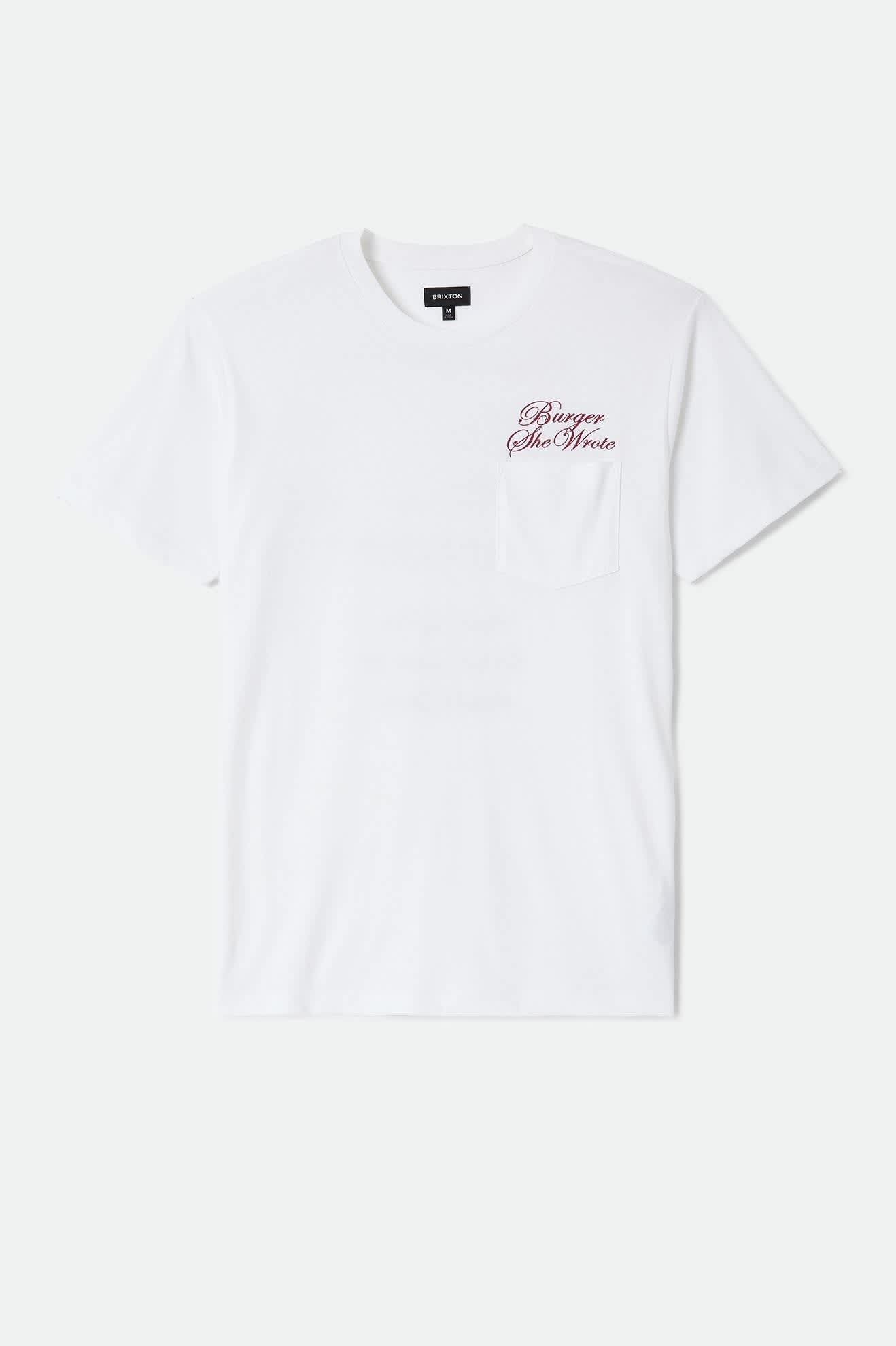 Men's Burger She Wrote Pocket T-Shirt in the color White - Front Product Laydown Image