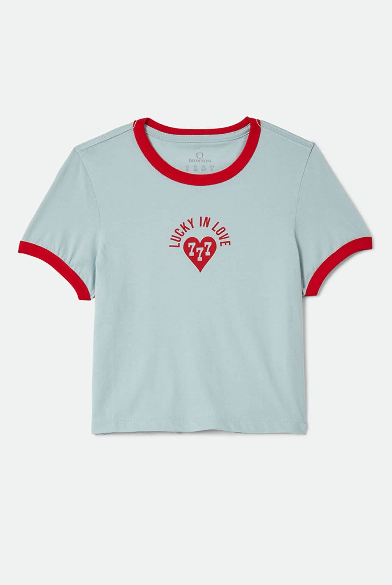Women's Lucky In Love Baby T-Shirt in the color Sea Grass/Adrenaline Red - Front Product Laydown Image