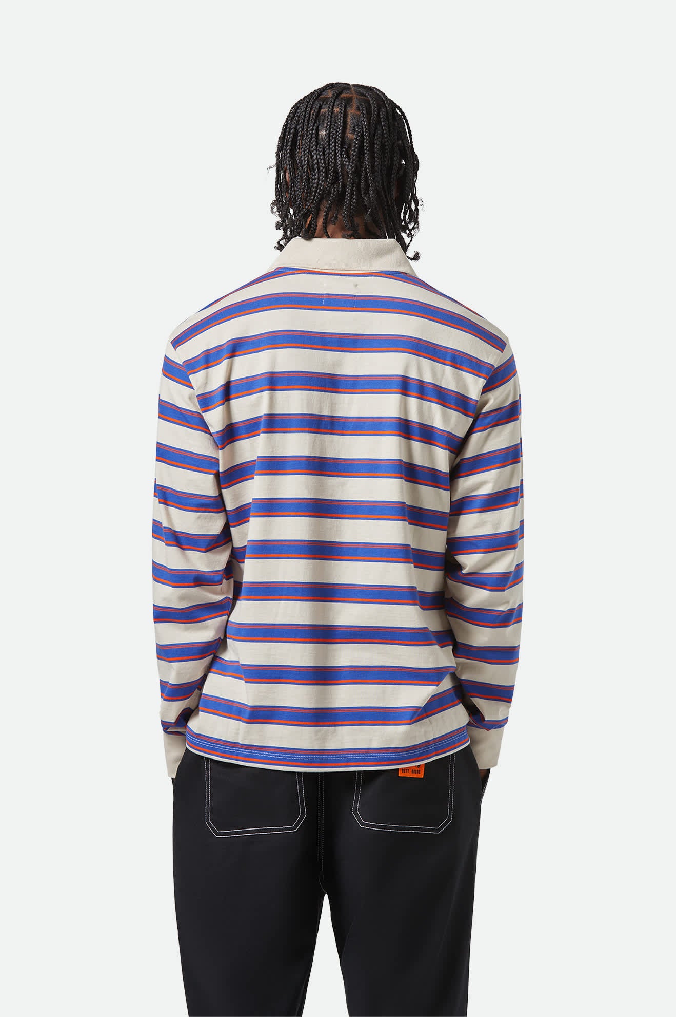 Men's Vintage Stripe L/S Polo in the color Electric Blue/Flame/Whitecap - Men's Back View