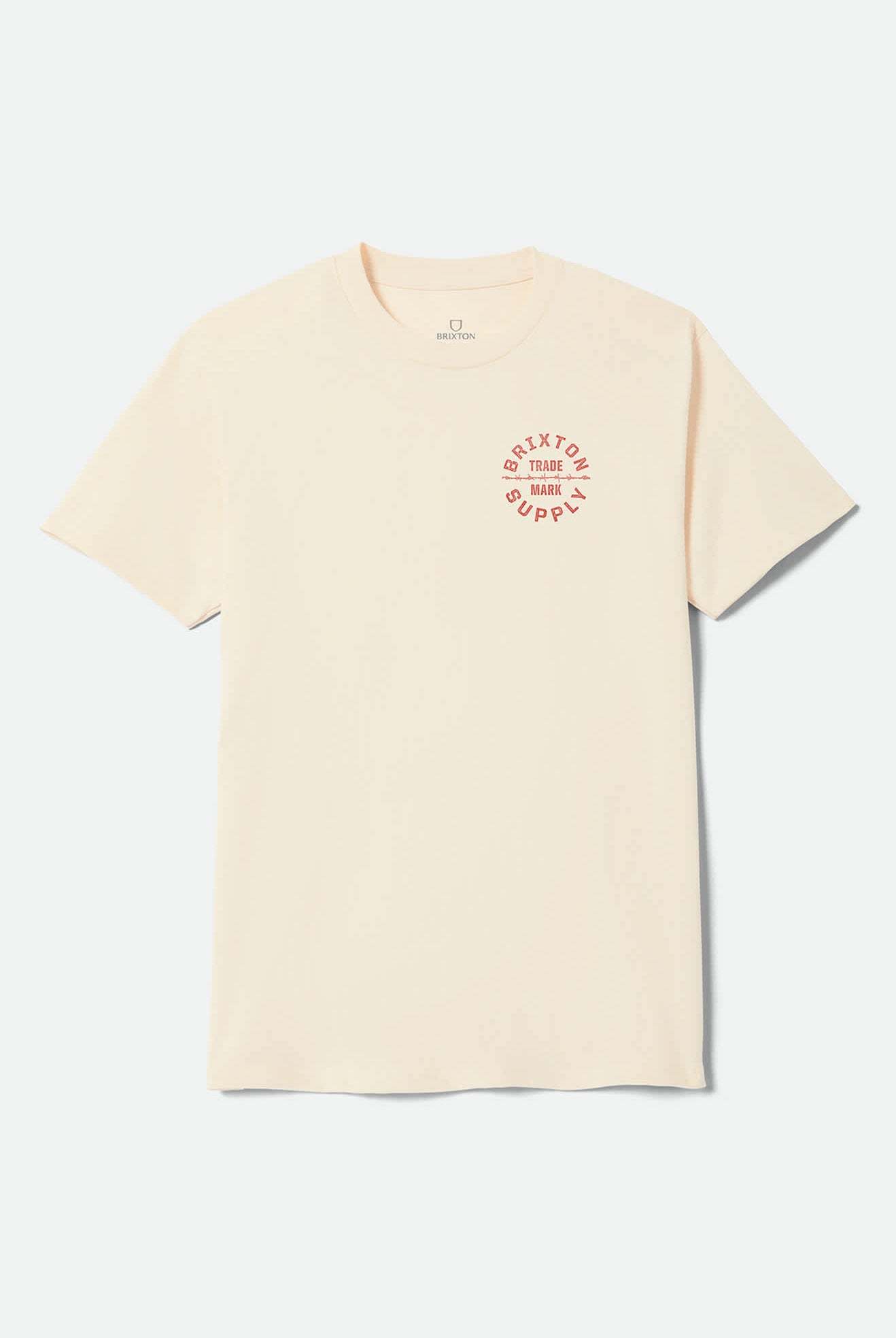 Men's Oath V Standard T-Shirt in the color Cream/Brick Red - Front Product Laydown Image