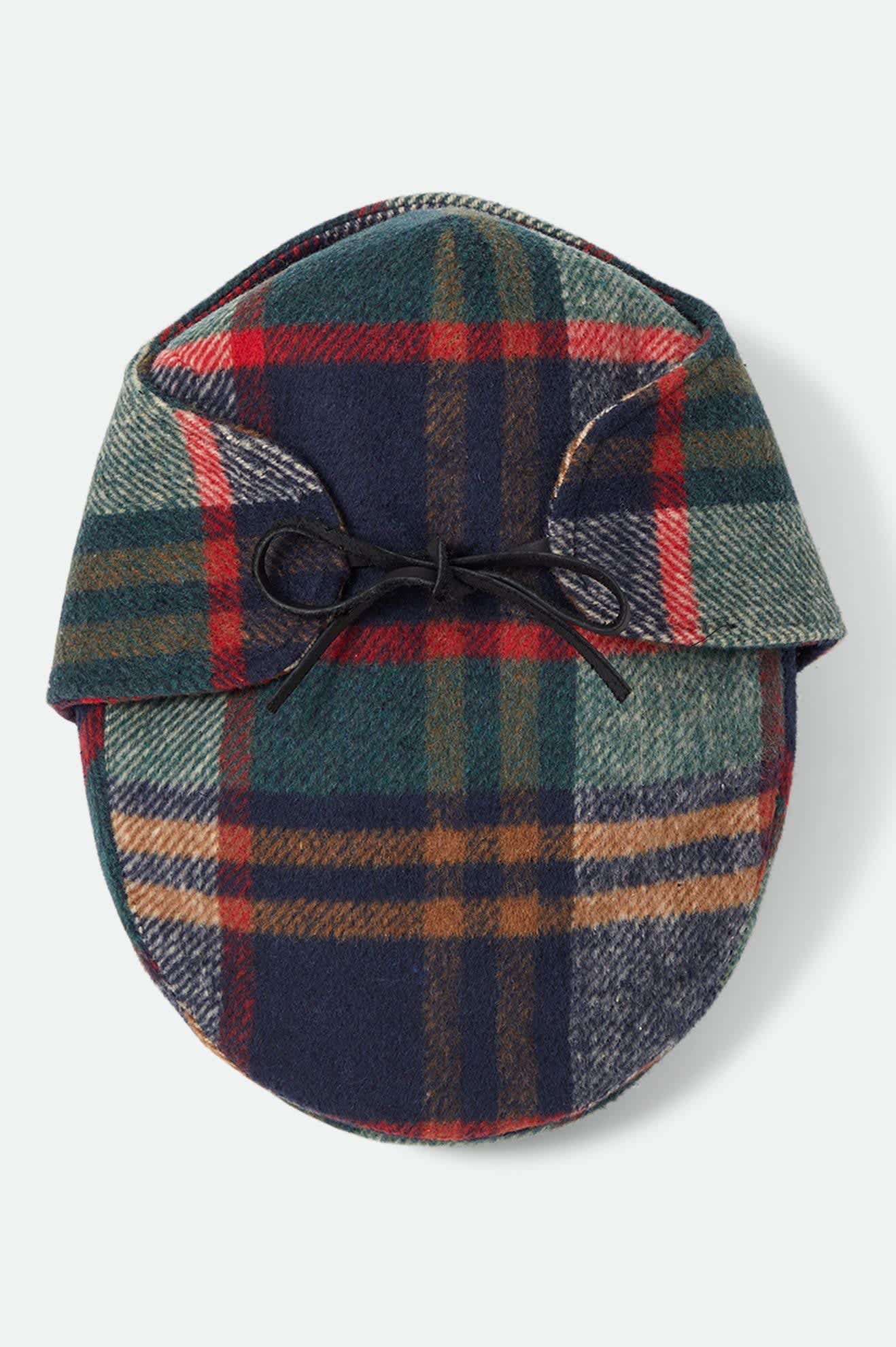 Unisex Barrel Earflap Snap Cap in the color Navy/Green/Red/Cream - Additional Laydown image