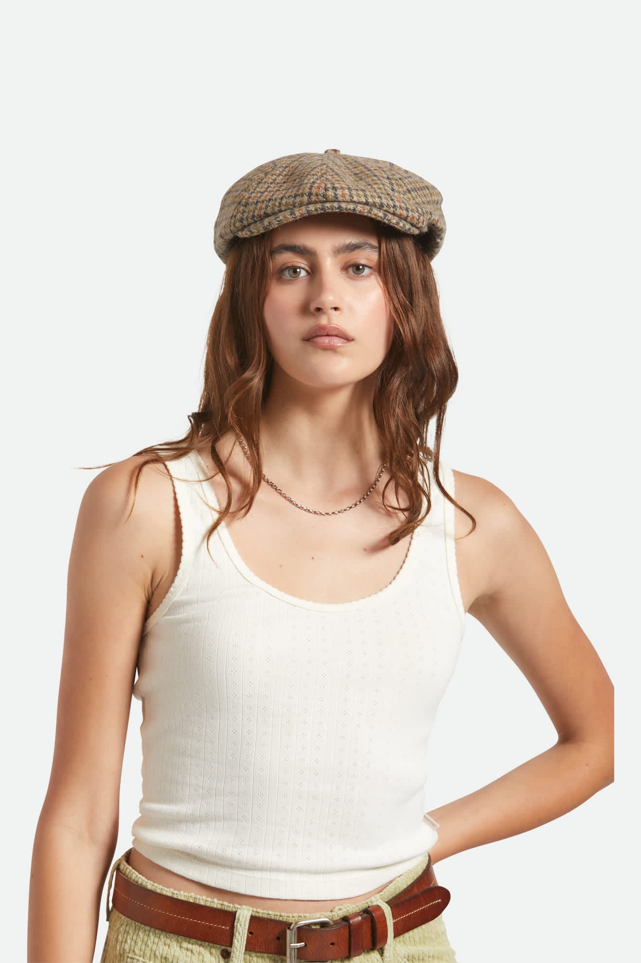 Unisex Brood Newsboy Cap in the color Oatmeal/Charcoal Houndstooth - Women's Front View
