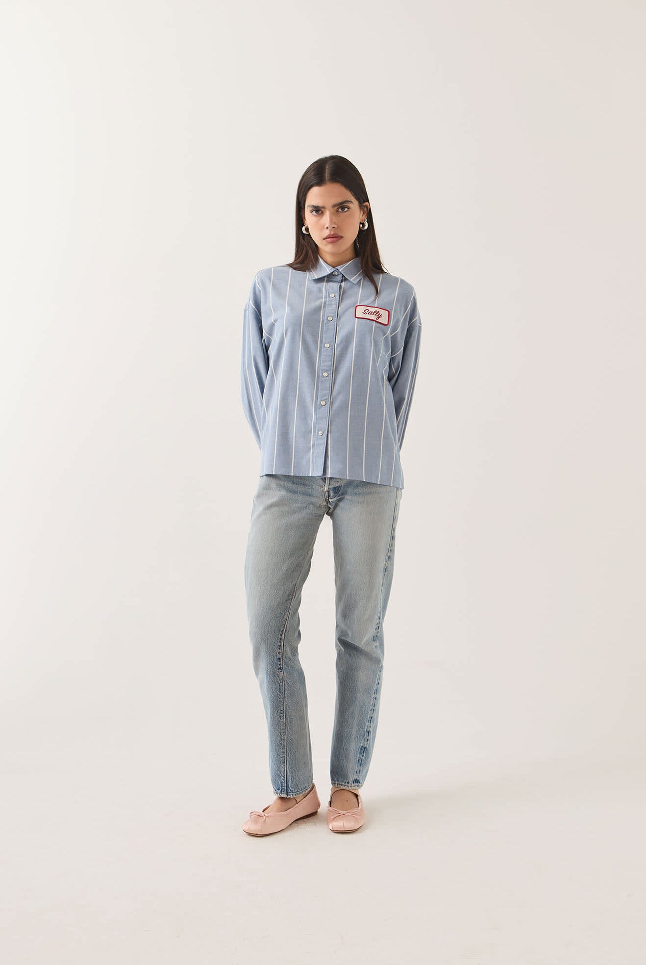 Women's Ford Mustang Sally Shirt in the color Blue Chambray/Stripe - Women's Front Fit Image