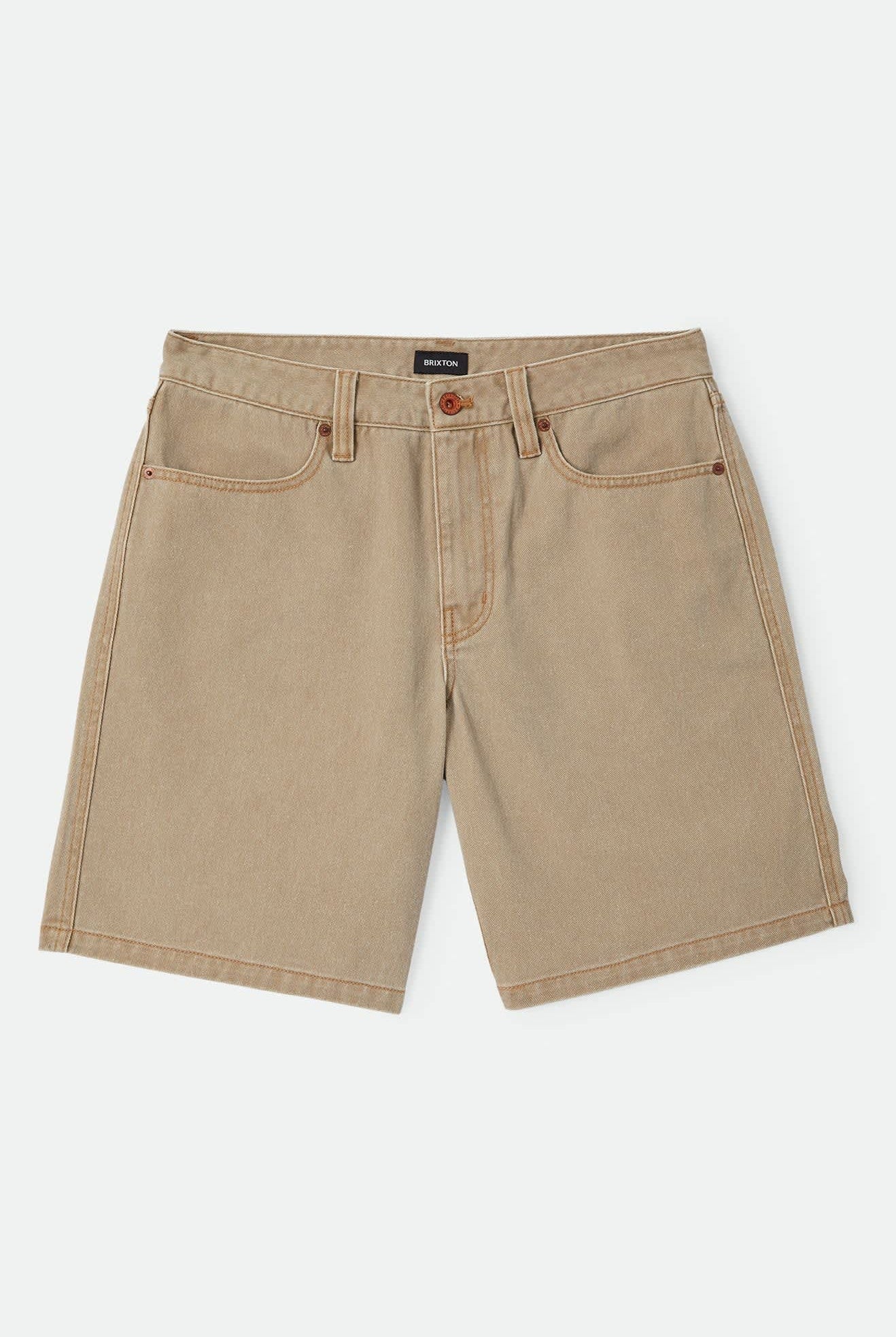 Men's Brixton Relaxed Short in the color Washed British Khaki - Front Product Laydown Image