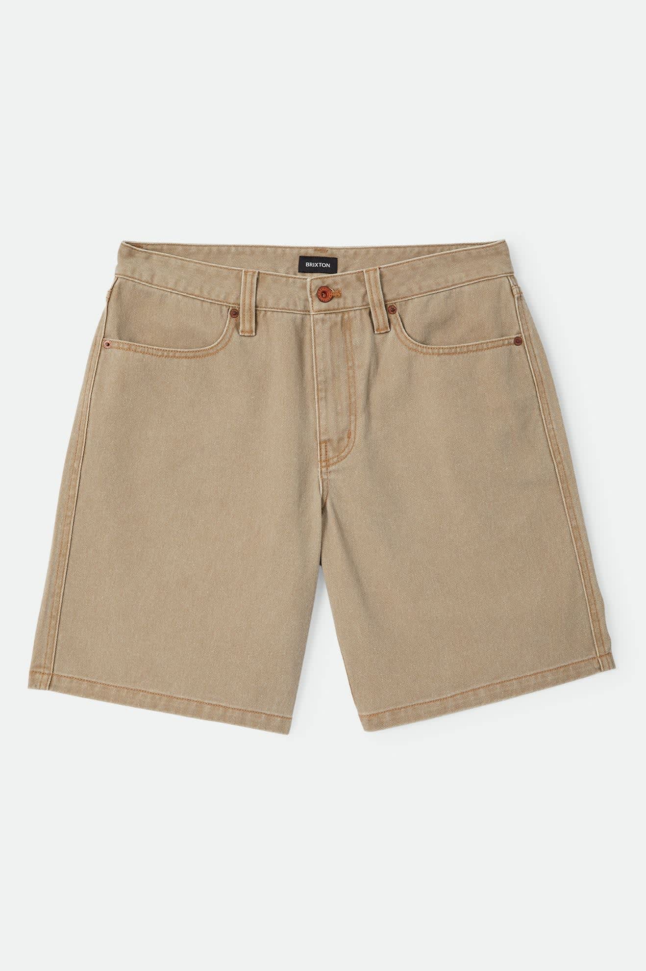 Men's Brixton Relaxed Short in the color Washed British Khaki - Front Product Laydown Image