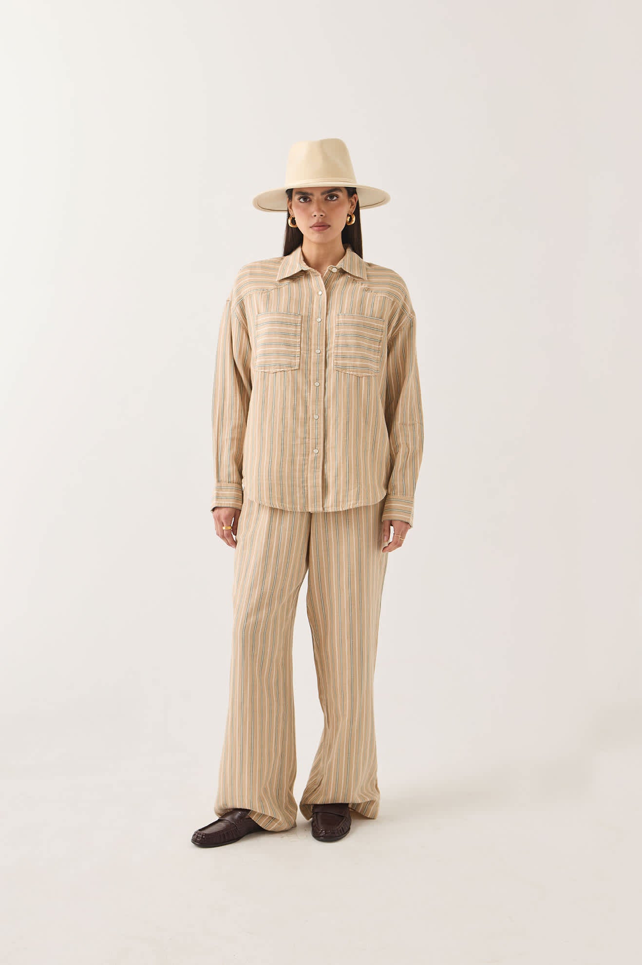 Women's Wayne Women's Shirt in the color Sand Stripe - Women's Front Fit Image