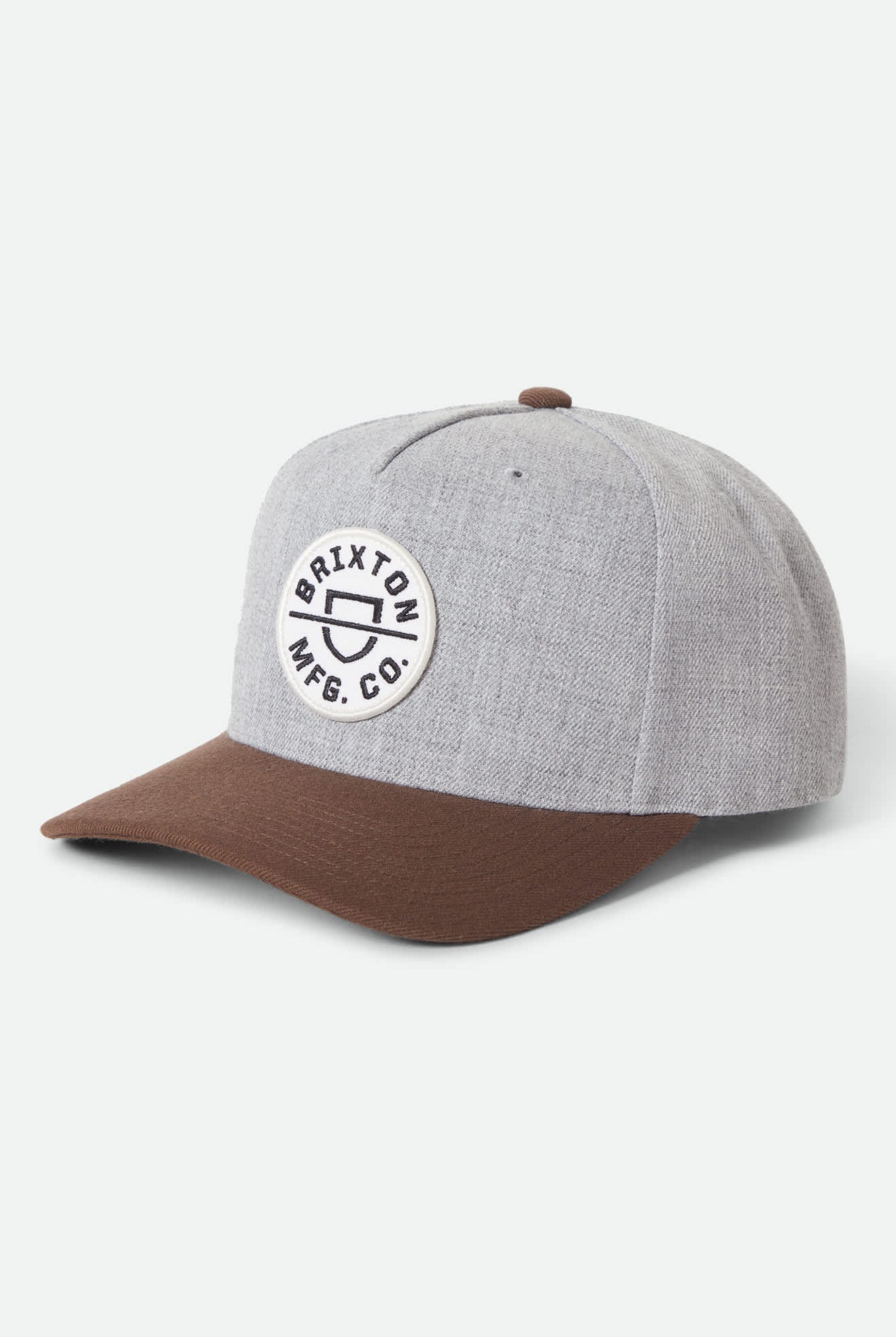 Unisex Crest Netplus Snapback in the color Heather Grey/Pinecone Brown - Front Product Laydown Image