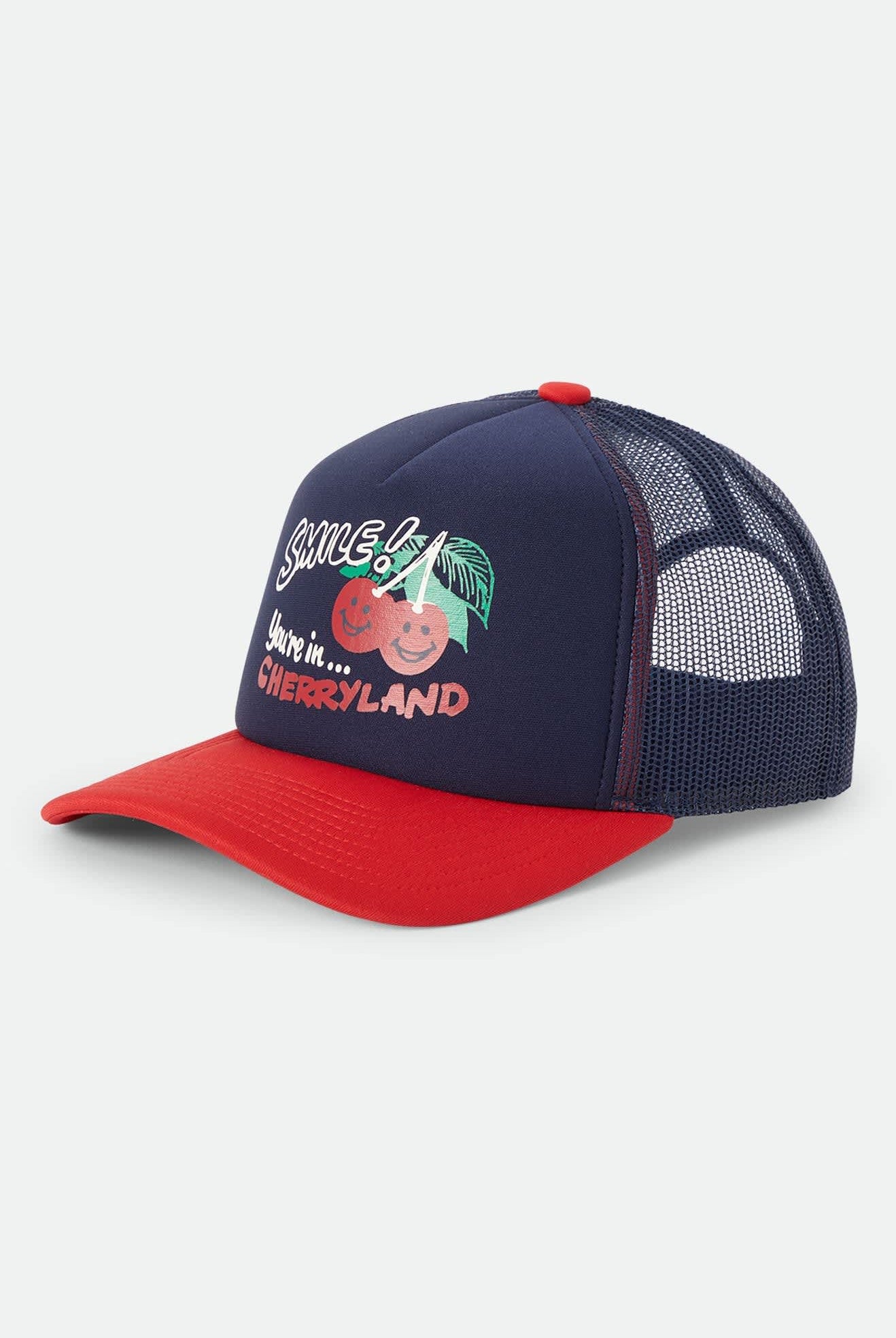 Unisex Cherryland Trucker Hat in the color Washed Navy/Crimson - Front Product Laydown Image