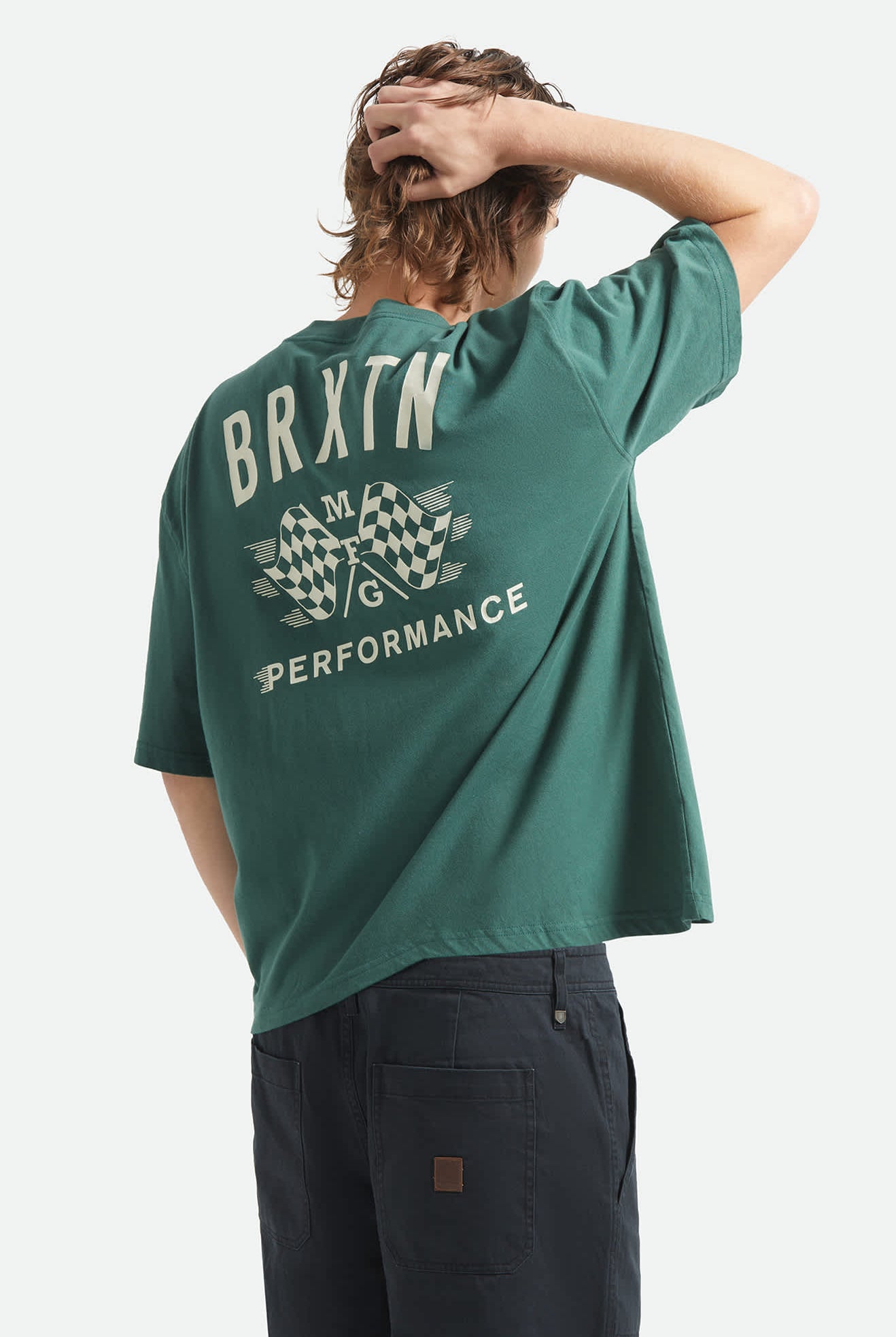 Men's Primary Short Sleeve Cropped Shirt in the color Primal Green - Men's Back View