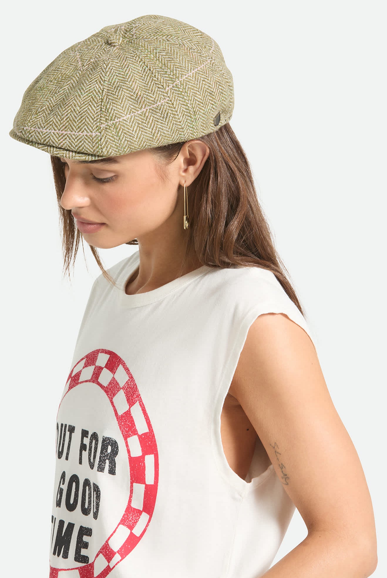 Women's Brood Lightweight Newsboy Cap in the color Sublime Green Houndstooth - Additional Fit image