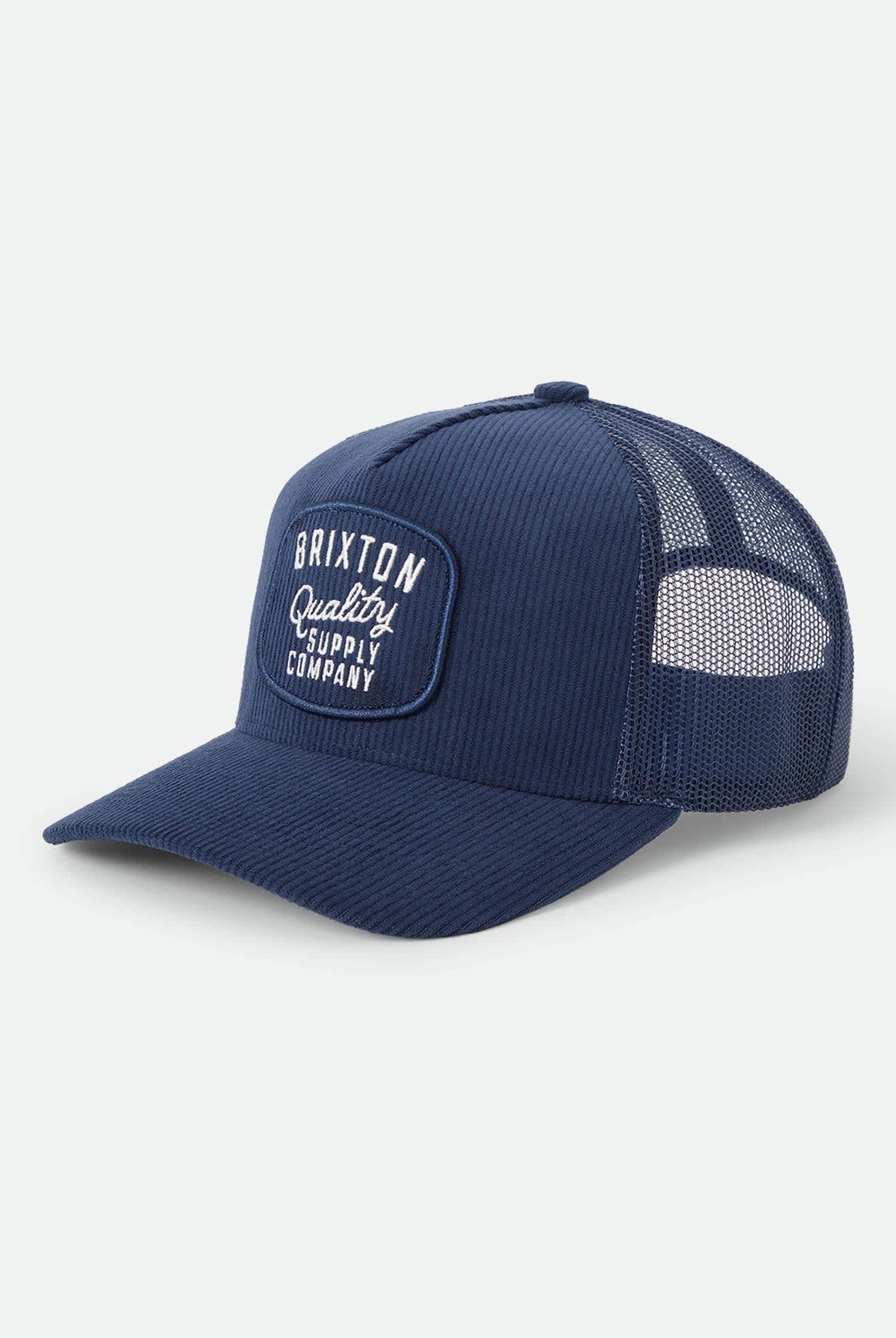 Unisex Hubal Trucker Hat in the color Dark Navy Corduroy - Front Product Laydown Image