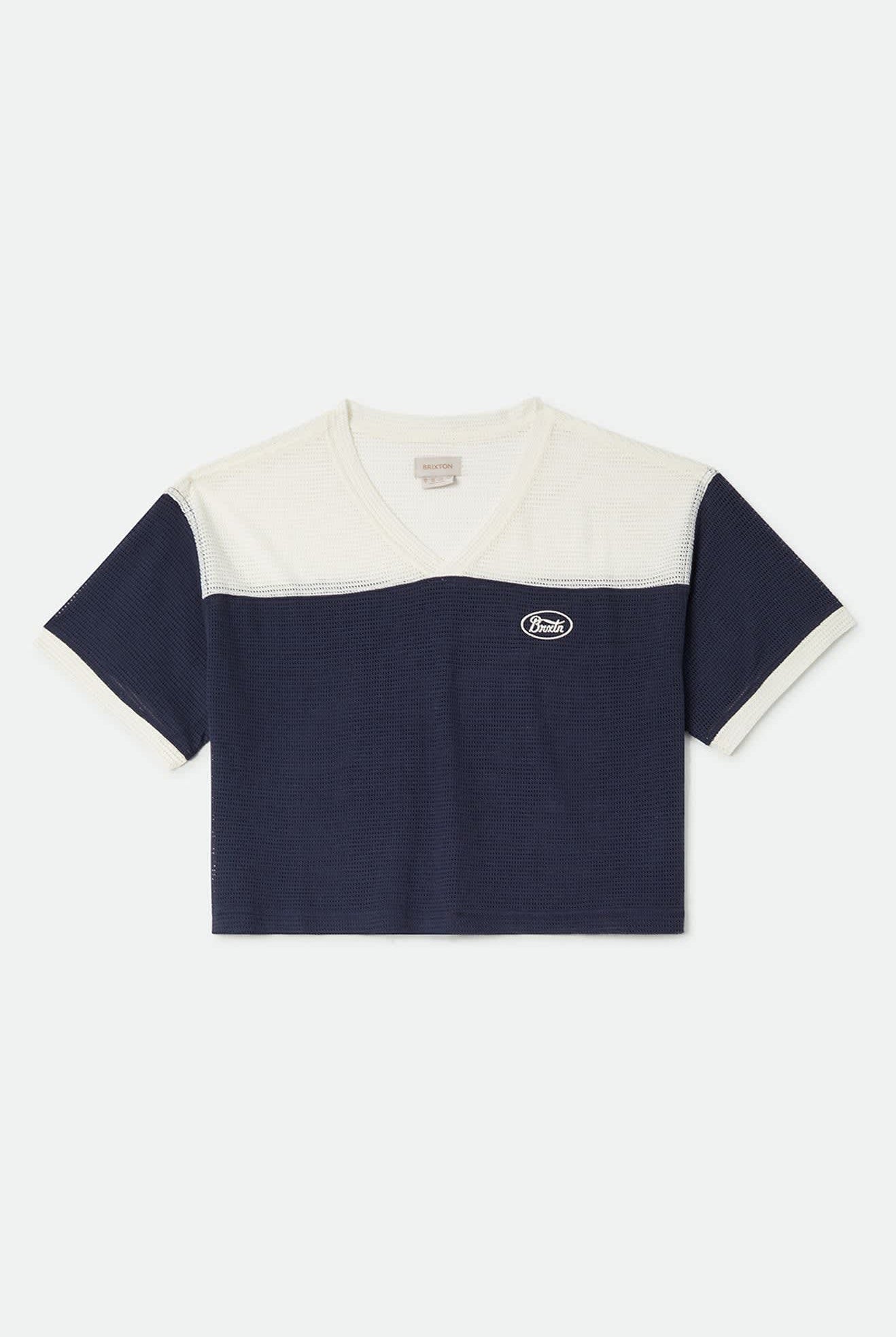 Women's Varsity Mesh T-Shirt in the color Off White/Washed Navy - Front Product Laydown Image